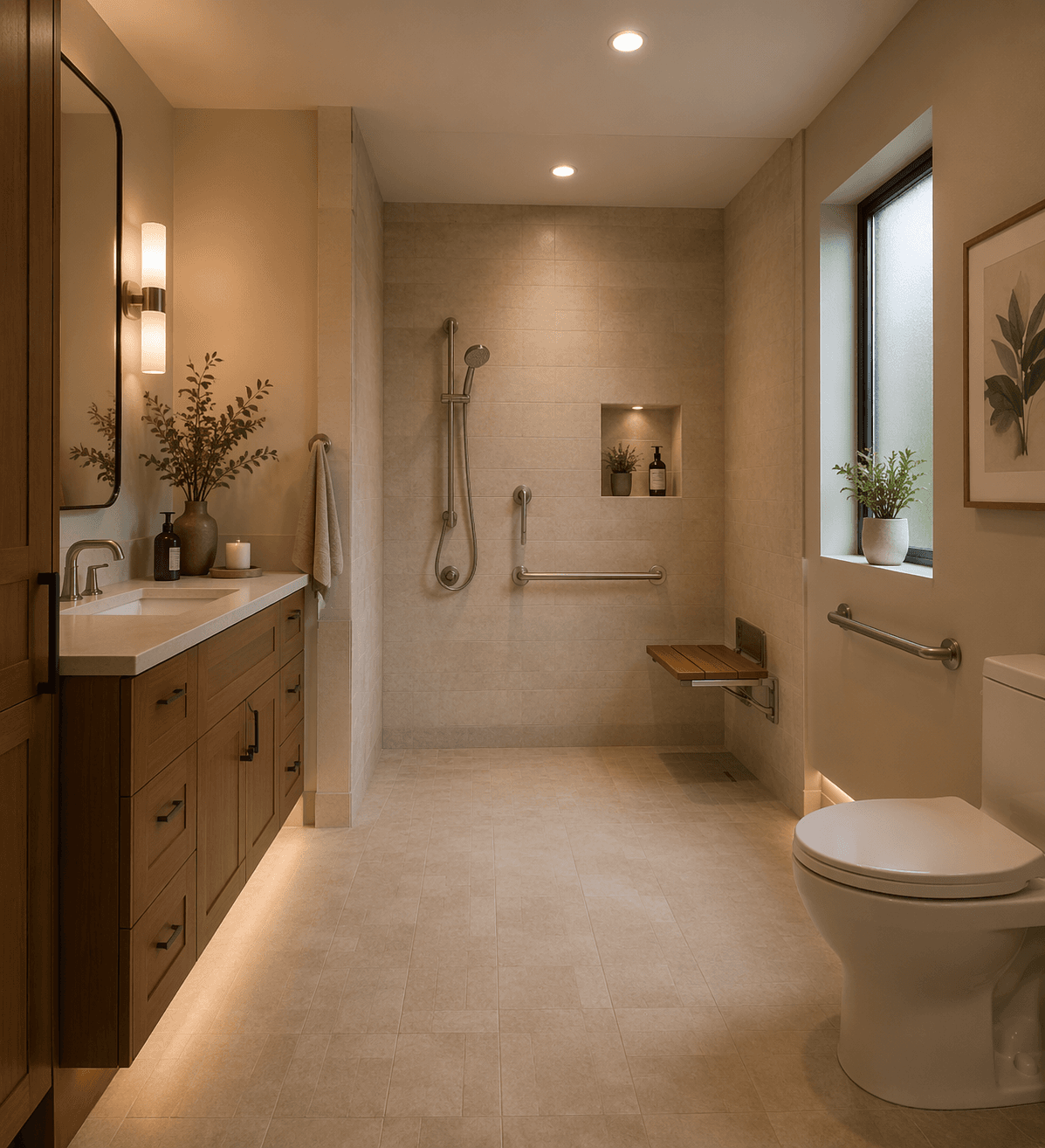 A warm, modern transitional bathroom with a curbless walk-in shower featuring a teak fold-down bench, brushed nickel handheld showerhead on a sliding bar, and decorative grab bars.