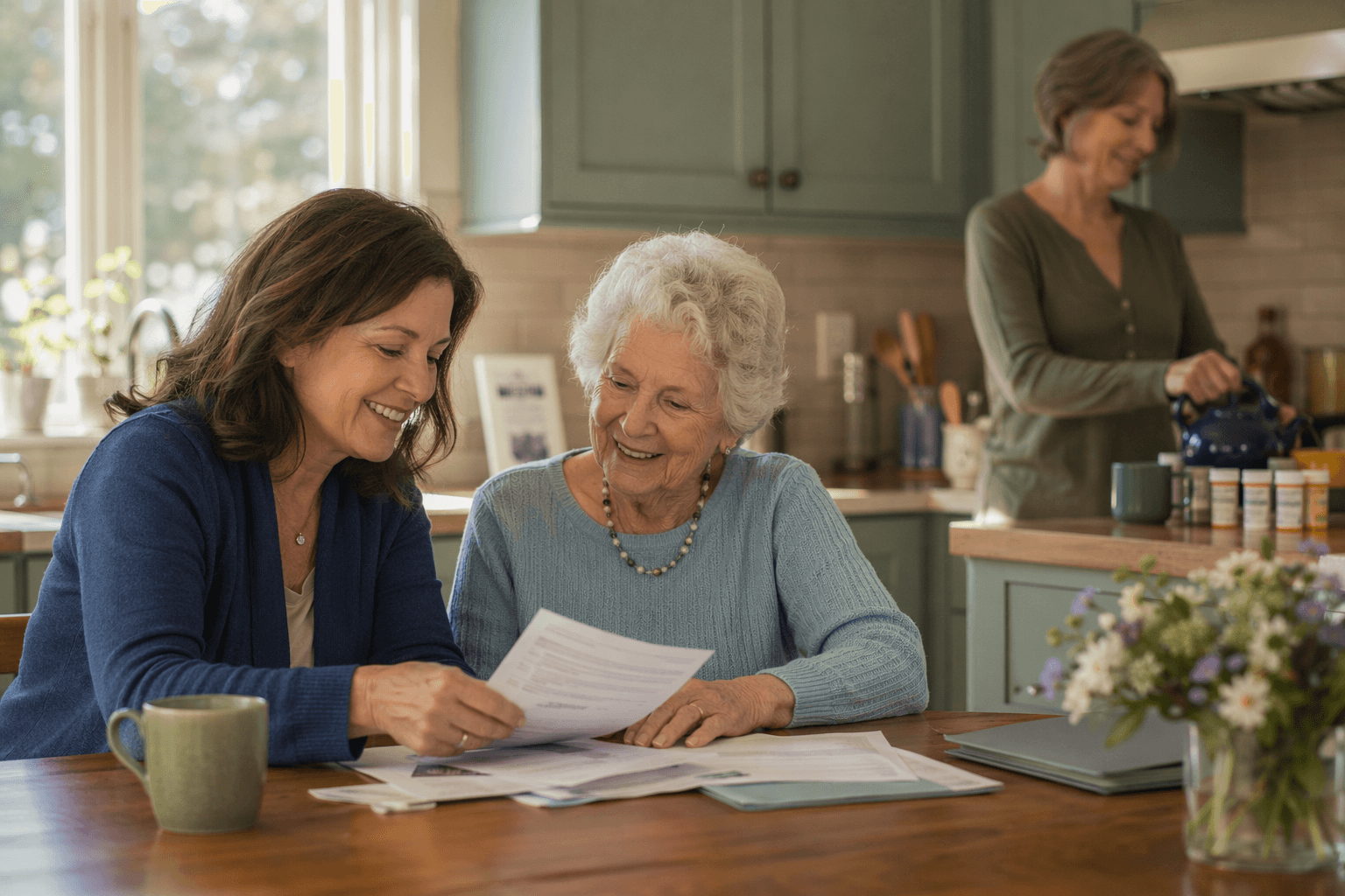 An adult daughter in her 40s sits at a kitchen table beside her elderly mother, both reviewing paperwork with warm expressions. Behind them in soft focus, a casually dressed caregiver prepares tea and organizes medication bottles near the counter.