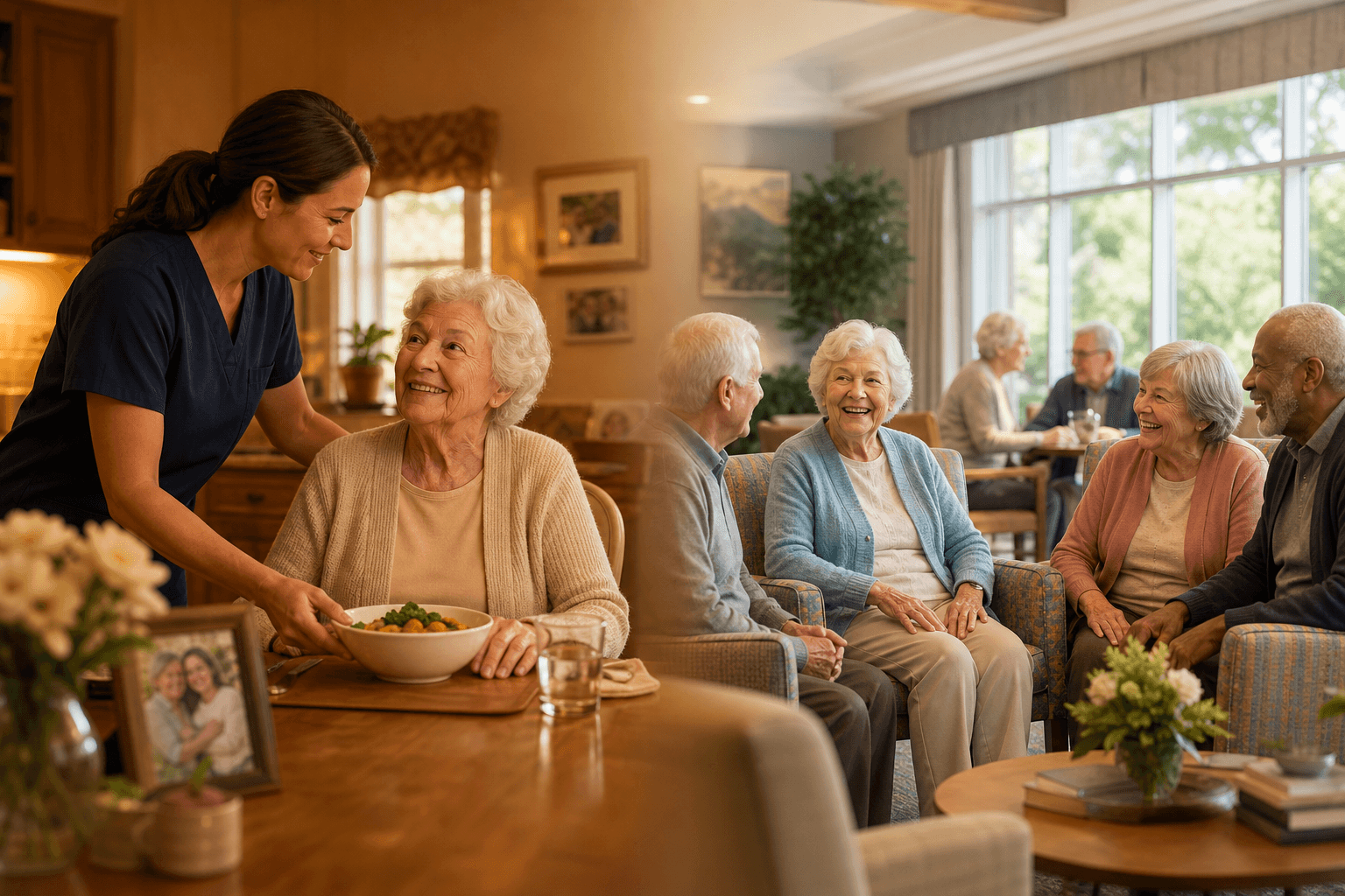 A warm editorial split-scene illustration showing the home care vs. assisted living decision: left side depicts a smiling older adult at a kitchen table with a caregiver in a cozy home interior with soft amber lighting; right side shows the same older adult engaged with peers in a bright assisted living common area with natural light, connected by a gentle gradient transition between the two settings.