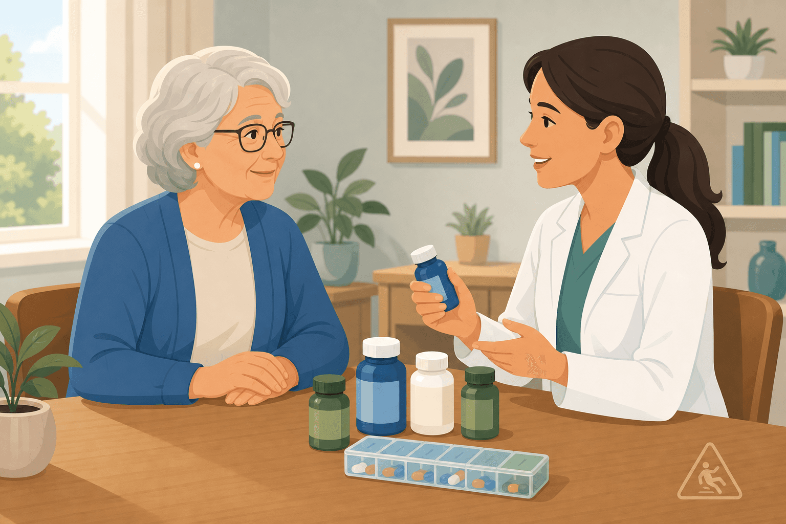 An older adult seated at a table with a caregiver, medication bottles and a pill organizer visible, with a fall-risk caution icon on the wall.