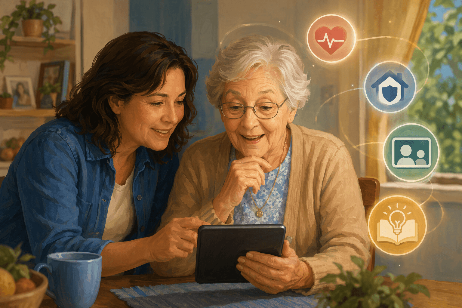 A warm digital illustration of a middle-aged caregiver sitting beside an older adult at a kitchen table with a tablet between them. The older adult shows a gentle smile of understanding. In the background, four subtle floating icons represent health monitoring, home safety, video communication, and learning/engagement.