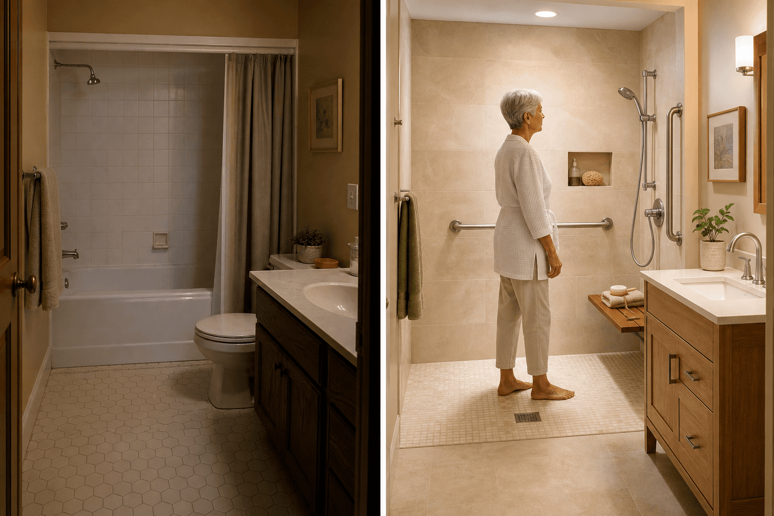 Split-composition bathroom scene: left side shows a traditional hazardous tub with high step-over, dim lighting, and no safety features; right side shows a remodeled curbless walk-in shower with grab bars, built-in bench, handheld showerhead, non-slip flooring, and warm ambient lighting, with an age-diverse silhouette standing independently in the remodeled space.