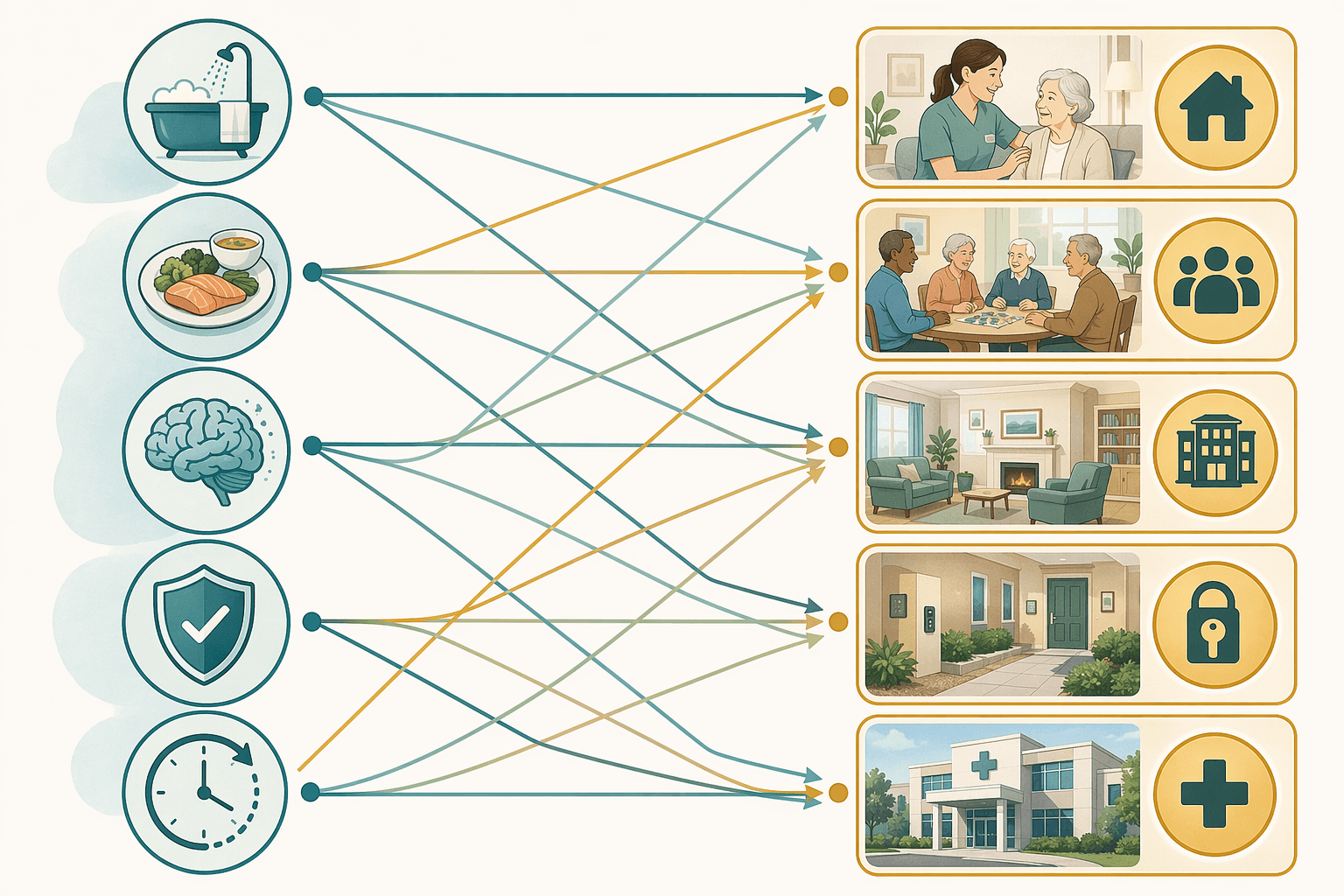 Matching framework illustration connecting bathing, meals, cognition, safety, and 24-hour needs to senior care settings