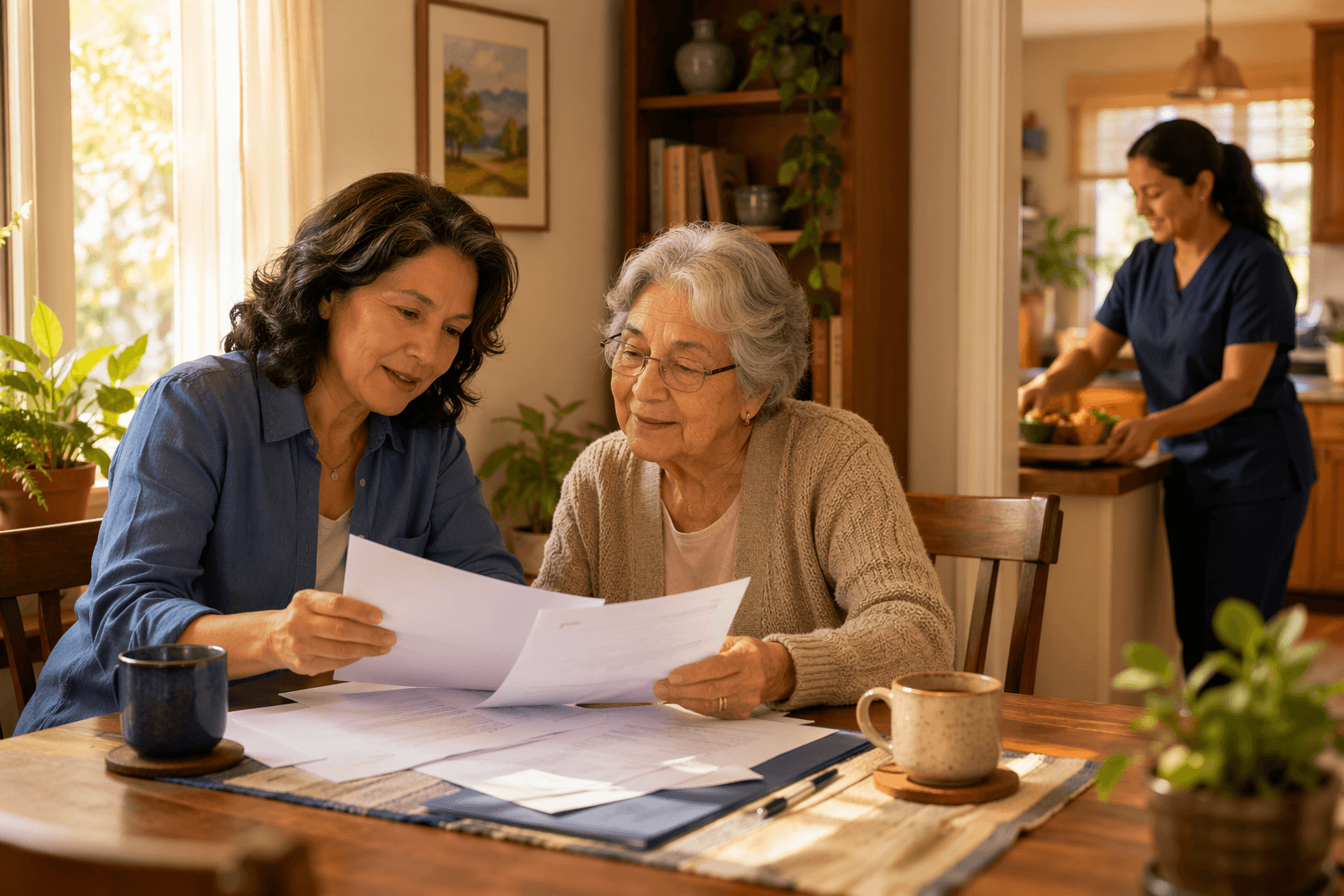 A middle-aged adult child and their older parent sit at a kitchen table reviewing papers together, with a home care aide visible through a doorway in the background arranging a meal.