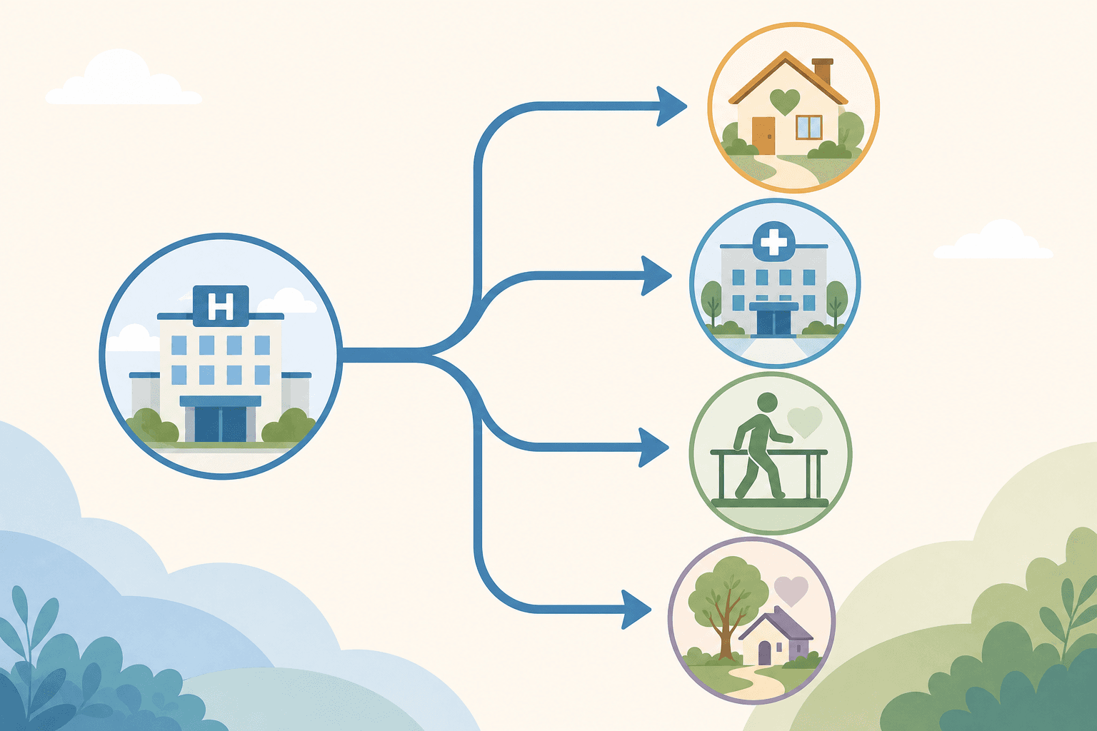 A branching pathway diagram from a central hospitalization point to four destination icons: a house for home health, a building with a cross for skilled nursing, a rehabilitation symbol, and a comforting tree icon for hospice.