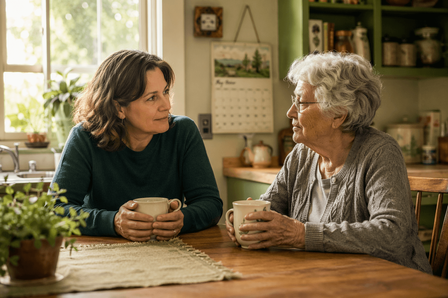 An adult child in their forties sits across a kitchen table from an elderly parent, both holding mugs of tea in morning sunlight, with a calendar and a potted plant visible.