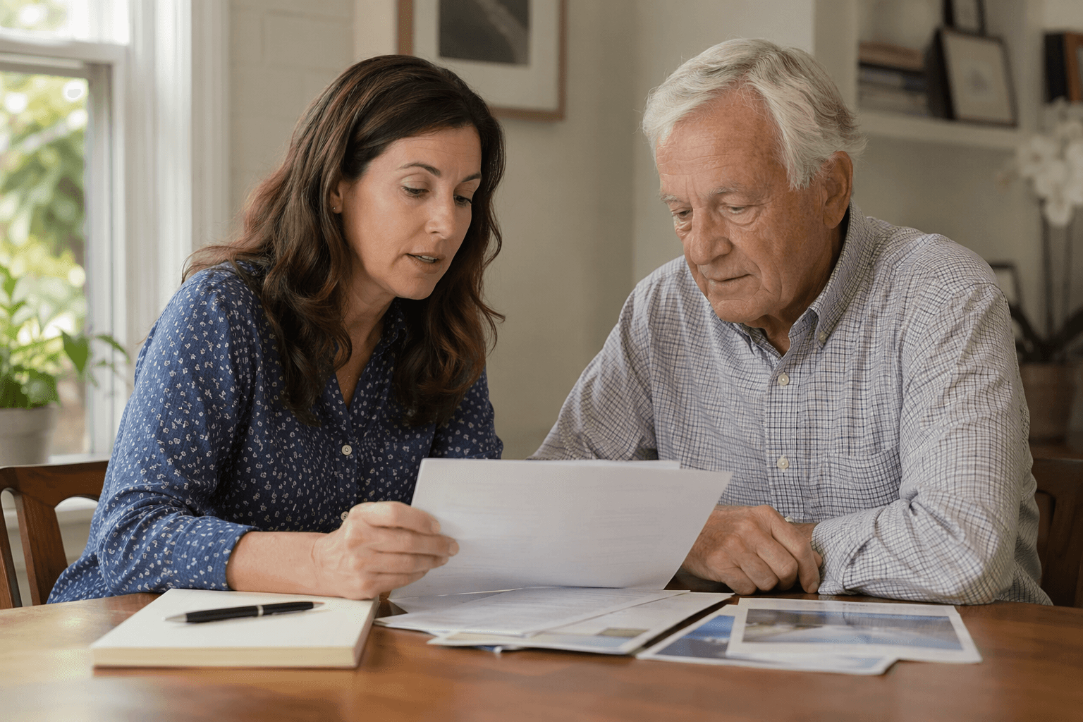 Adult daughter and elderly father reviewing senior living papers and a checklist at a table