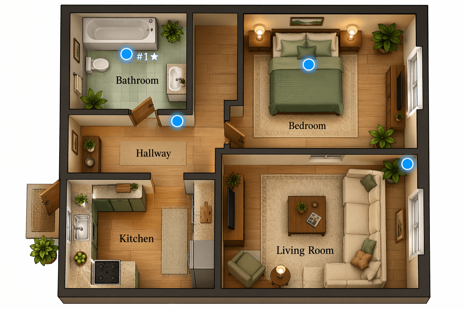 A top-down floor plan illustration showing a home with sensor placement: #1 in bathroom, plus sensors in bedroom, hallway, and living room.