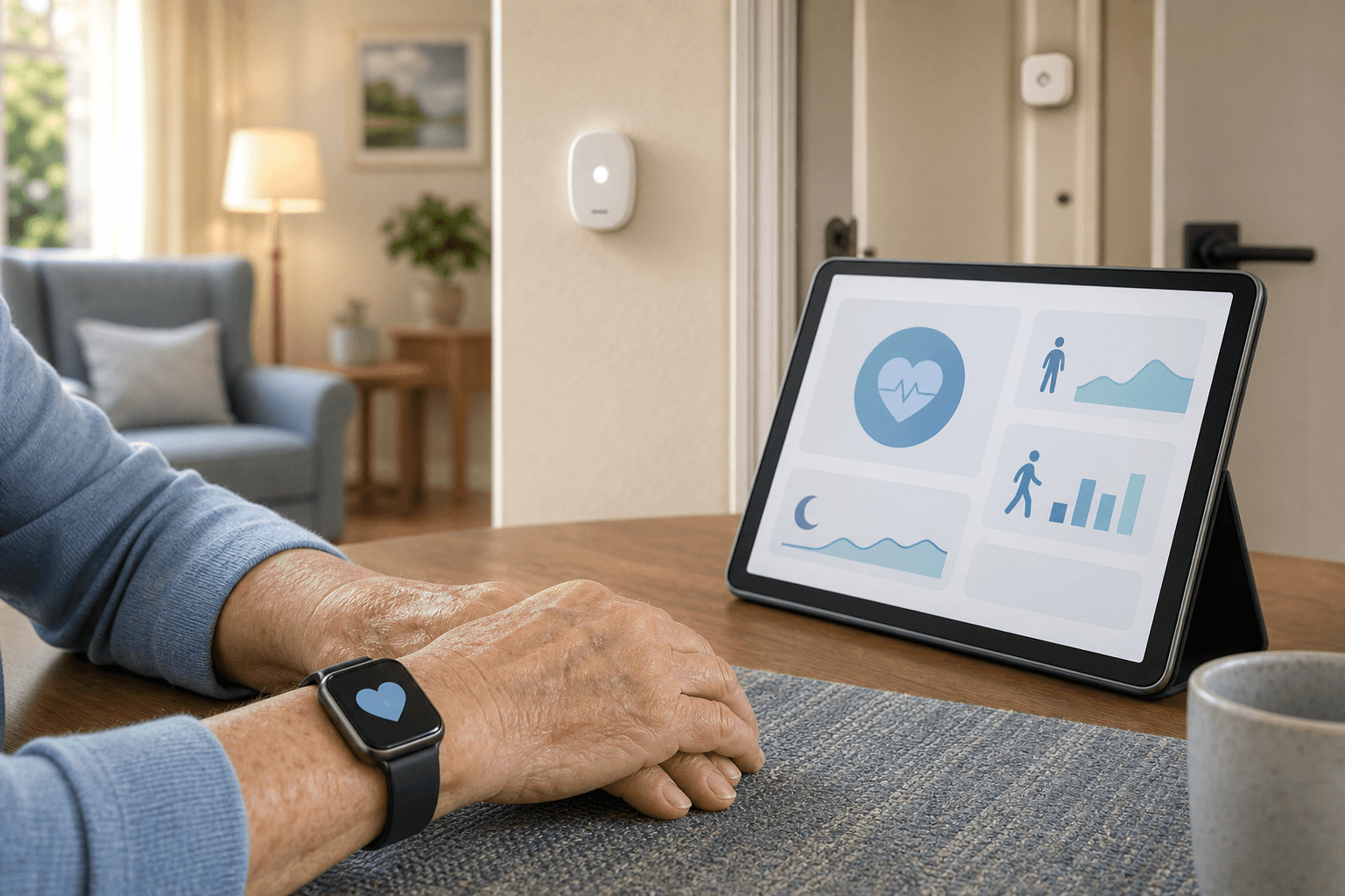 An elderly person's hands resting on a table, wearing a smartwatch-style health wearable, with a tablet showing an abstract remote monitoring dashboard beside them. A wall sensor and doorway fall detection sensor are subtly visible in the background.