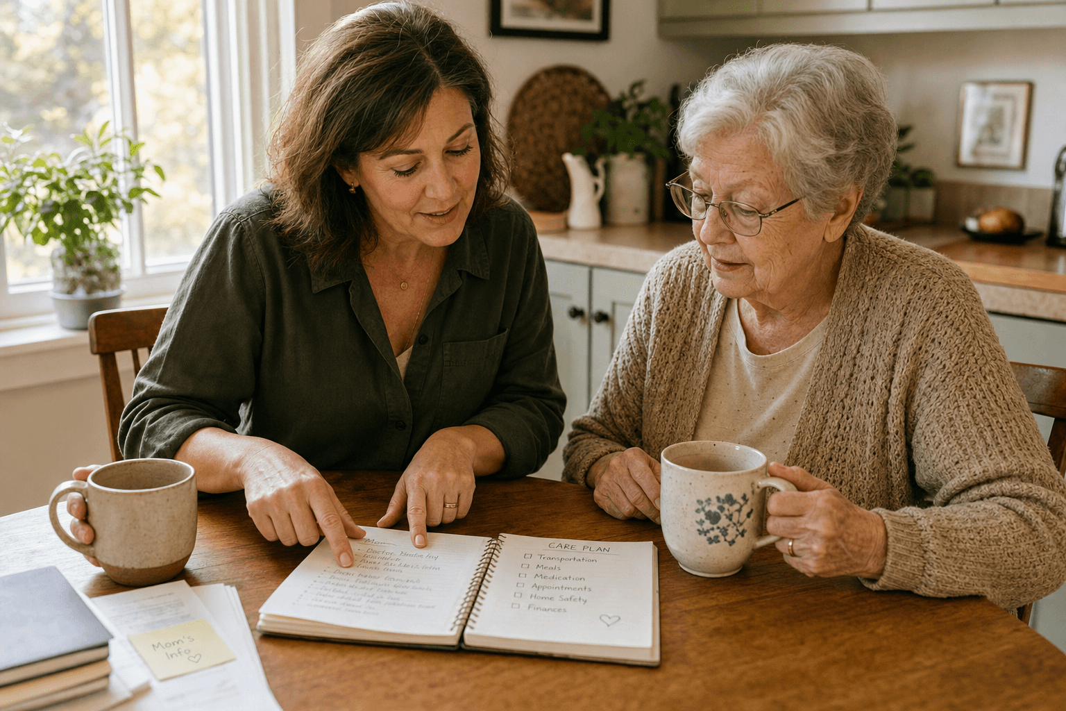 Middle-aged daughter and her elderly mother sitting at a sunlit kitchen table, both holding coffee mugs, with an open notebook and checklist between them.