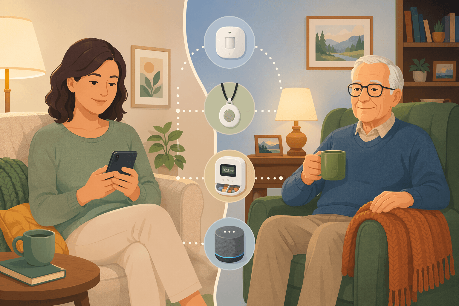 Split-view illustration of a family caregiver with a smartphone and an older adult relaxing at home, with floating icons of a motion sensor, wearable pendant, medication dispenser, and smart speaker between them.