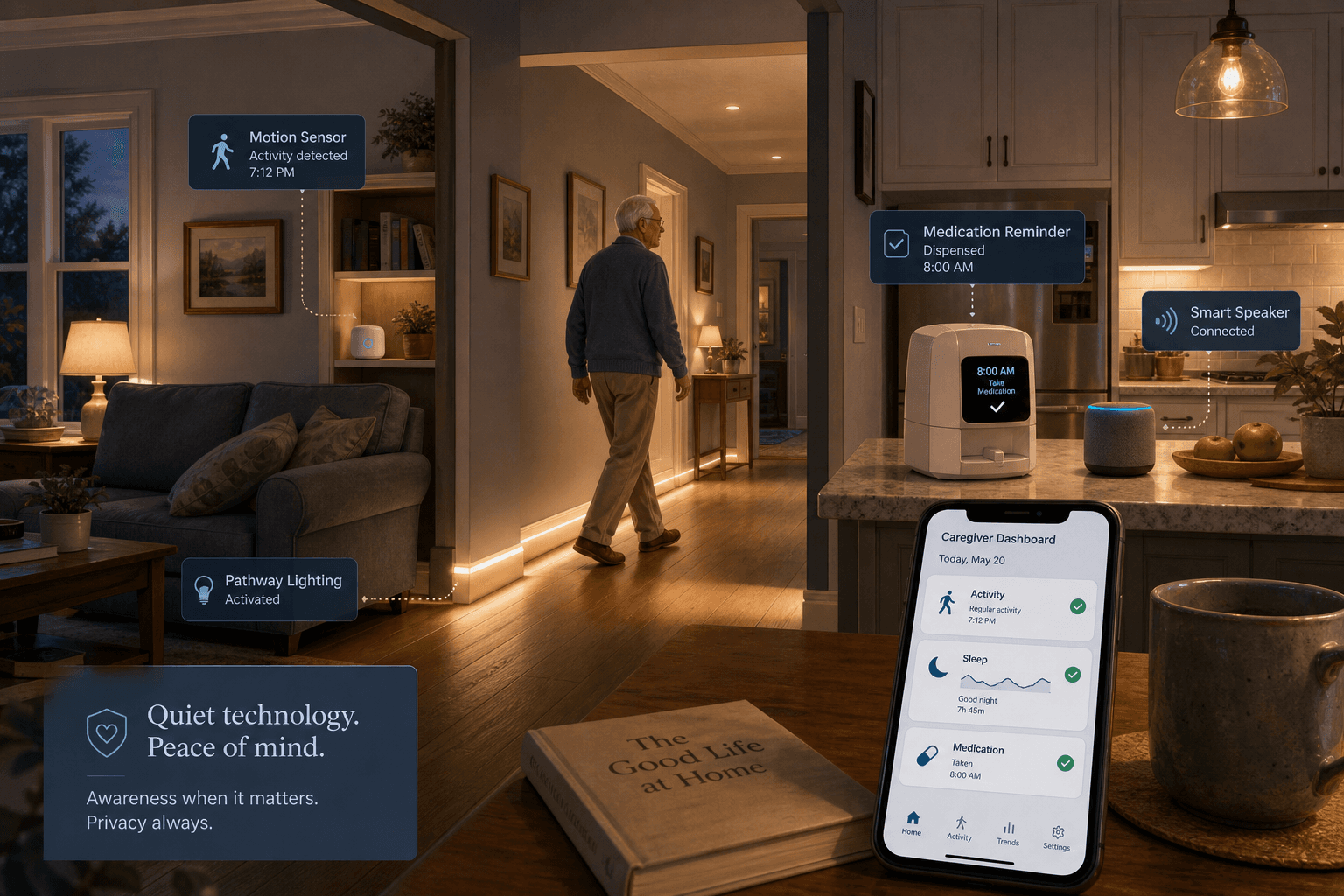 A warm cutaway view of a home interior showing an older adult walking through a softly lit hallway with automated path lighting. In the living area, an unobtrusive sensor sits on a shelf; in the kitchen, a smart speaker and pill dispenser are visible. A smartphone displays a caregiver dashboard with motion and sleep icons but no video feeds. The atmosphere is calm and residential with soft blue and amber tones.