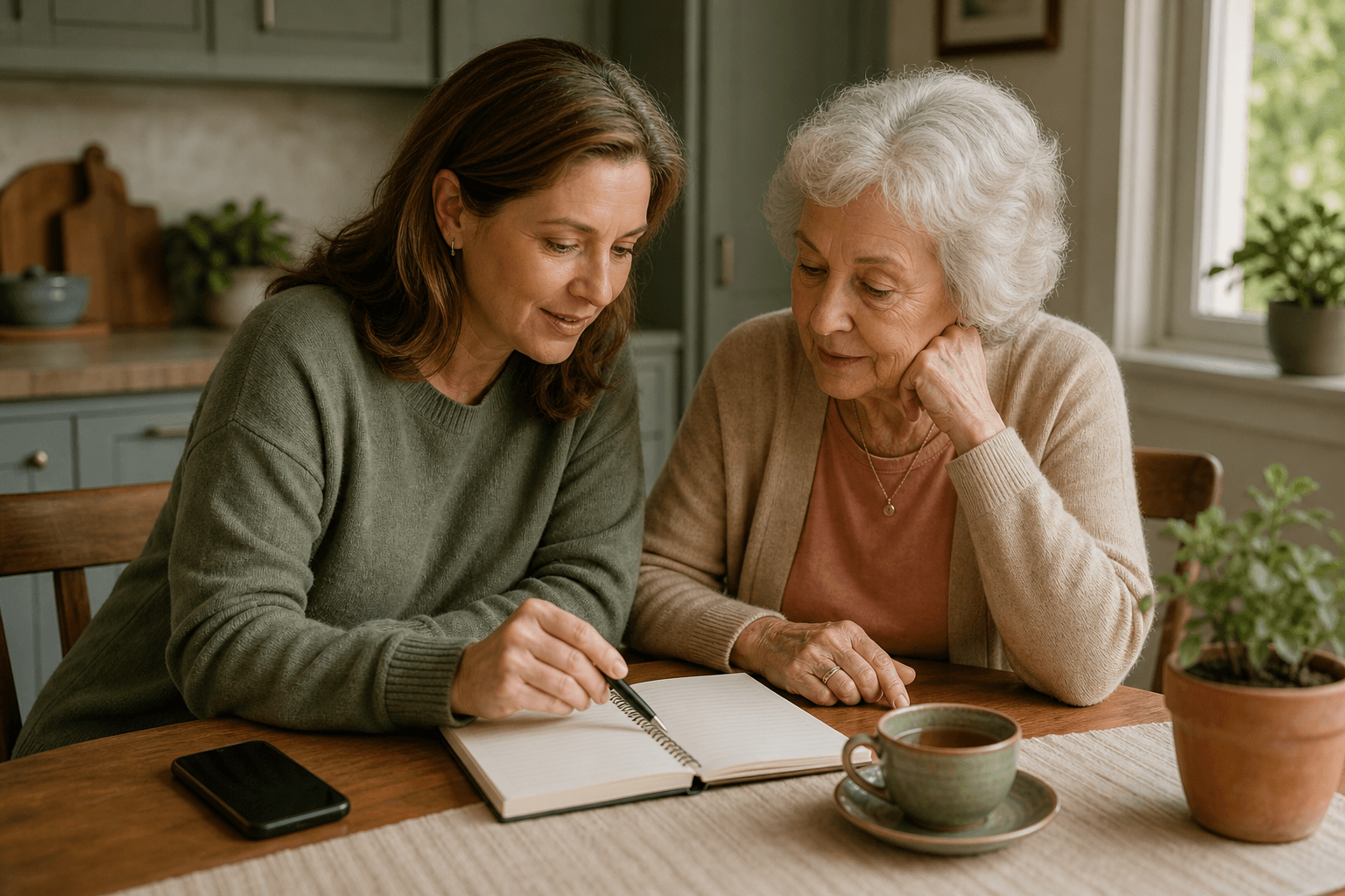 A middle-aged adult daughter and her elderly mother sit at a kitchen table with an open notebook, a smartphone, and a cup of tea between them, illuminated by soft window light in warm earth tones, looking at the notebook together with calm, collaborative expressions.