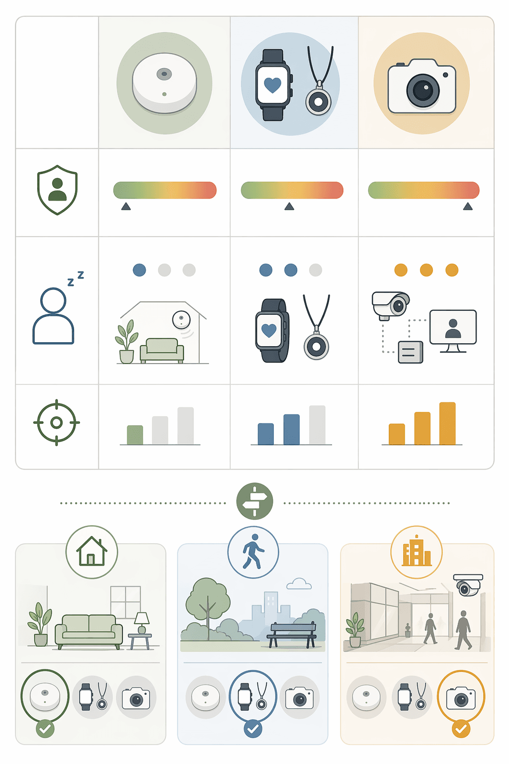 Minimal comparison matrix with three columns for passive sensors, wearables, and cameras. Three rows show relative strengths across privacy (green to amber gradient), user burden (simple to complex), and accuracy (signal strength bars). Bottom section shows scenario-matching recommendations.