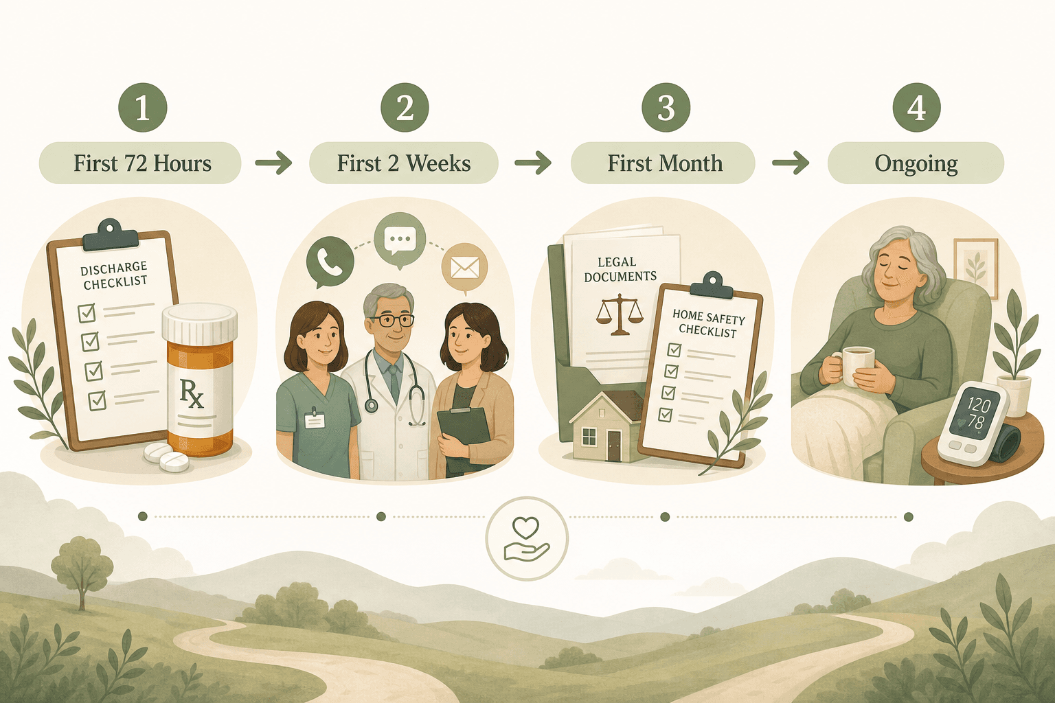A horizontal editorial illustration showing four connected stages in a progression from left to right: First 72 Hours, First 2 Weeks, First Month, and Ongoing.