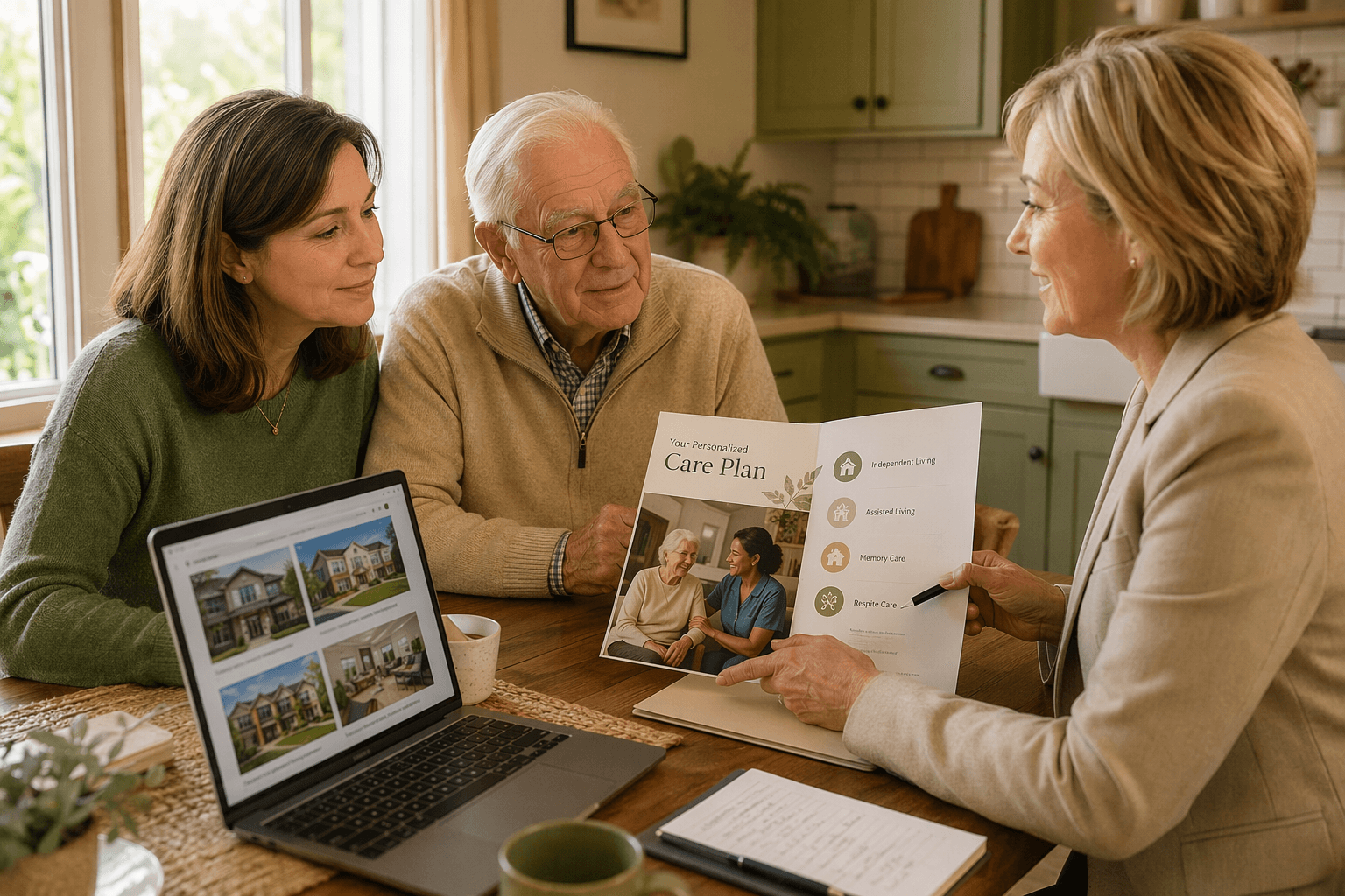 An adult daughter and her elderly father sit at a sunlit kitchen table with a senior care advisor who reviews a brochure; a laptop shows photos of senior living communities, with warm earth tones and an atmosphere of calm collaborative decision-making.