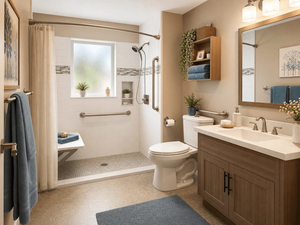 Editorial illustration of a senior-accessible bathroom with a walk-in shower featuring a built-in bench and grab bar, an ADA-compliant comfort-height toilet with adjacent grab bar, a curved shower rod with handheld showerhead, non-slip flooring, and a lowered mirror.