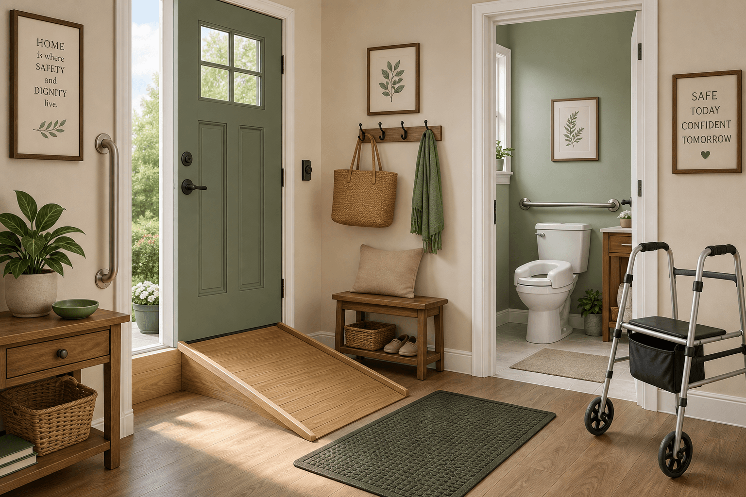 A home entryway adapted for senior safety showing a wooden ramp, grab bar by the door, non-slip mat, and a walker; through a doorway, a bathroom with a grab bar and raised toilet seat is visible.