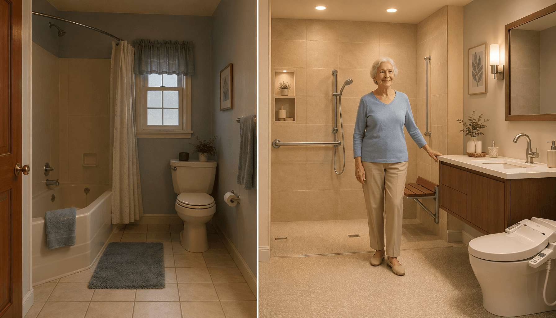 Split-view before-and-after bathroom scene showing a standard hazardous bathroom on the left and a transformed accessible bathroom on the right with curbless shower, grab bar, ADA-height toilet, and non-slip flooring.
