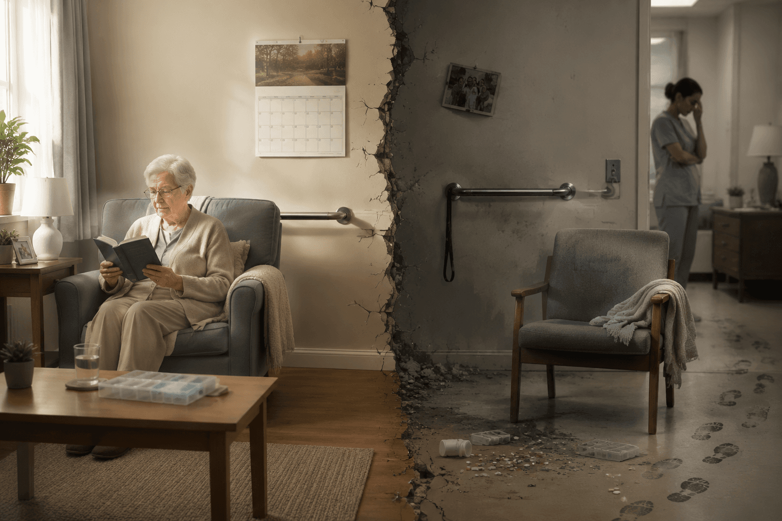 Split image contrasting standard senior care assumptions with dementia care realities