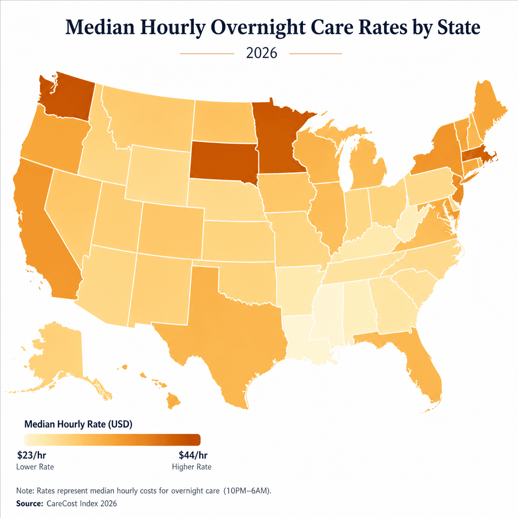 US state map with gradient coloring from light cream (low-cost states at $23-25/hr) to deep amber (high-cost states at $42-44/hr).
