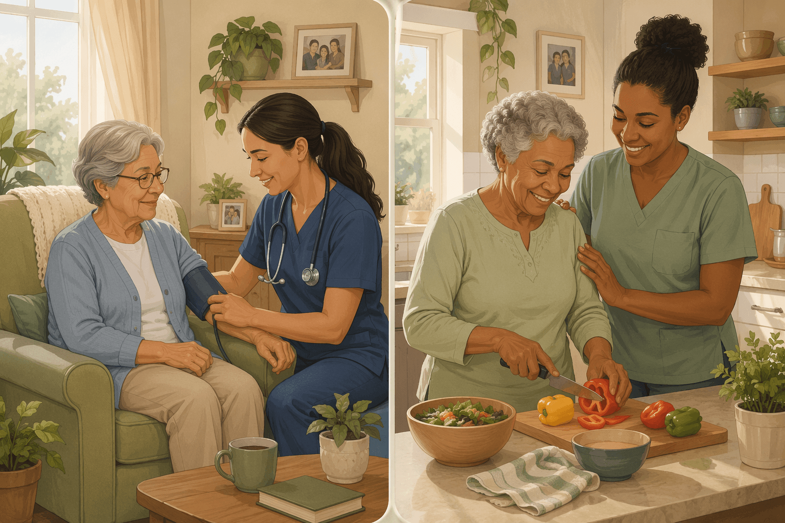 Side-by-side illustration of a registered nurse and a home care aide providing care in a home setting.