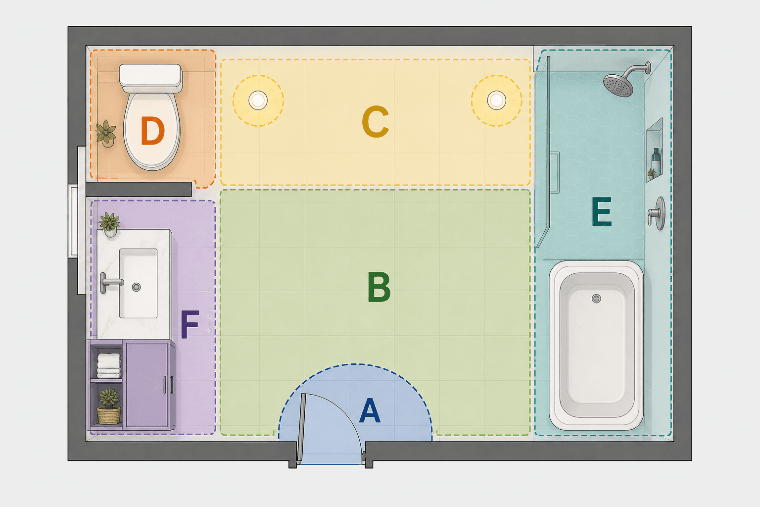 A flat-design top-down floor plan diagram of a bathroom divided into six color-coded zones labeled A through F, covering the entry, floor, lighting, toilet area, shower and tub, and sinks and storage.