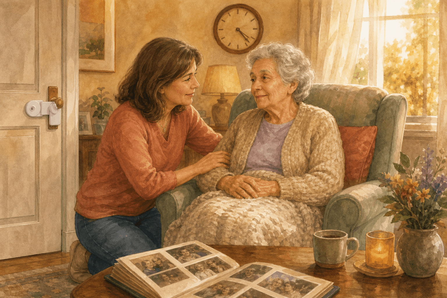 A middle-aged daughter kneeling beside her elderly parent in an armchair, with warm afternoon light, a childproof lock visible on a door, a clock showing late afternoon, and a photo album on the coffee table.