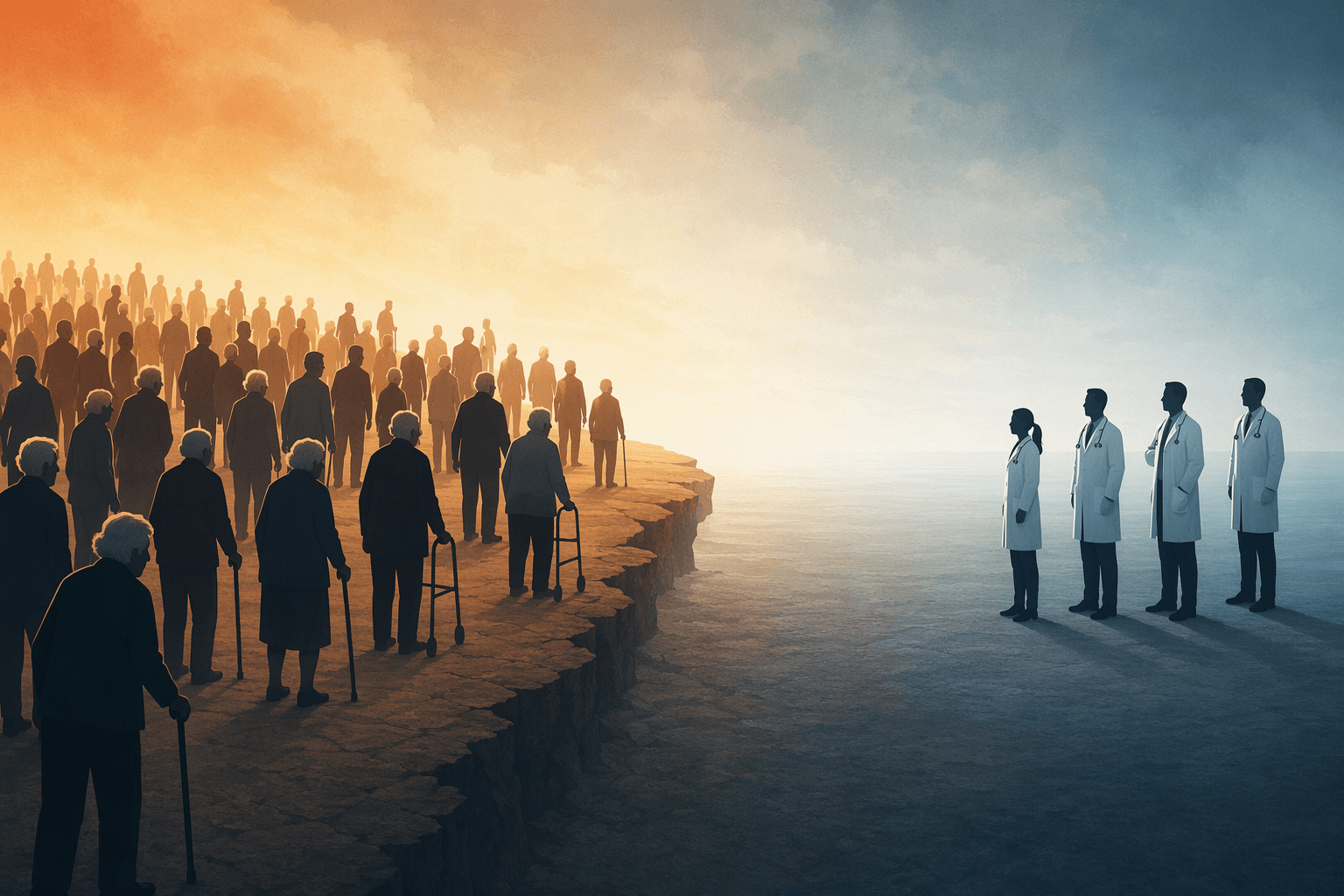 A conceptual editorial illustration showing a large crowd of silhouetted senior figures on the left and a much smaller group of doctor silhouettes on the right, with a visible empty gap between them.