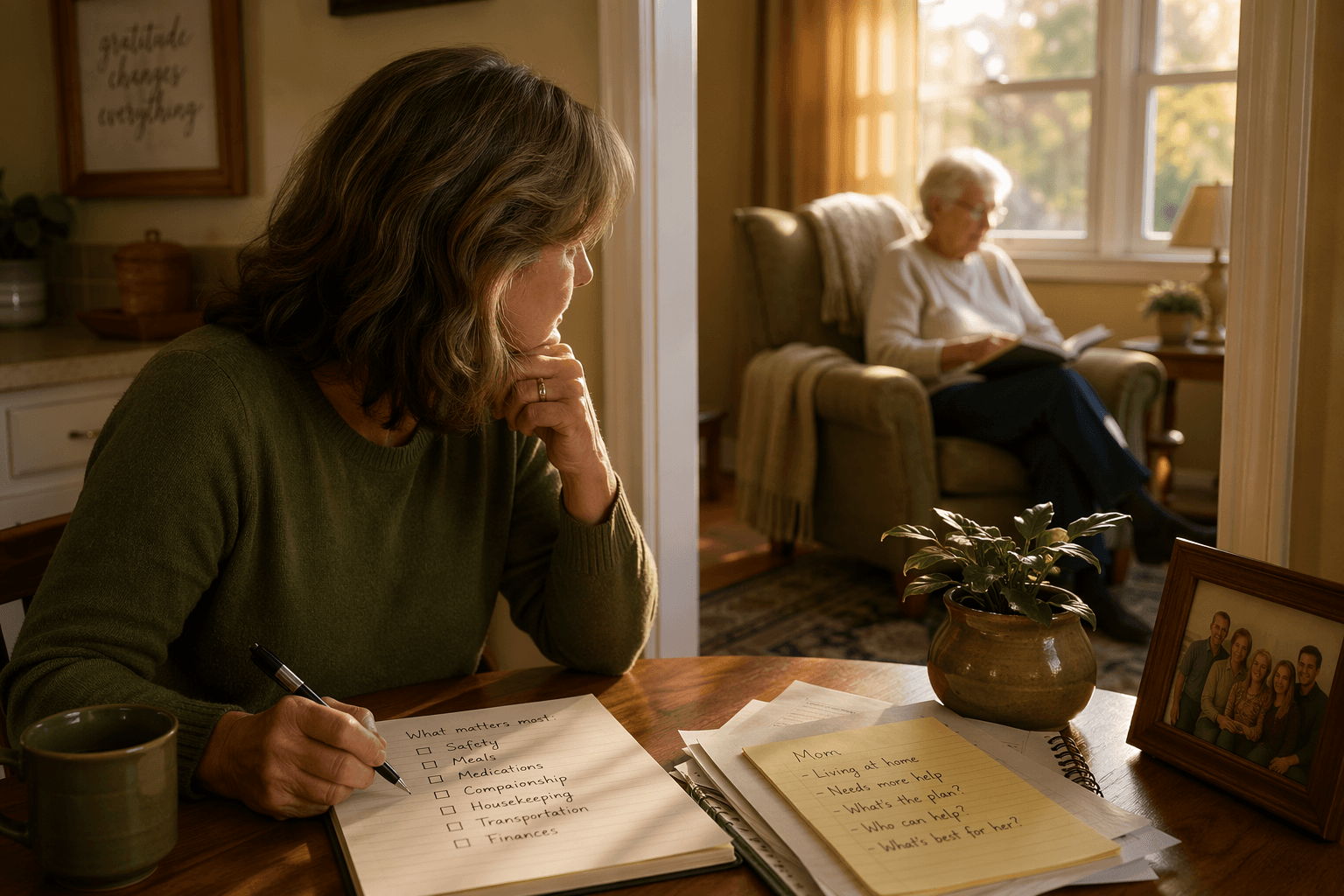 An adult child in their 40s-50s sits at a kitchen table holding a notebook and pen, thoughtfully observing an elderly parent in an adjacent sunlit living room.