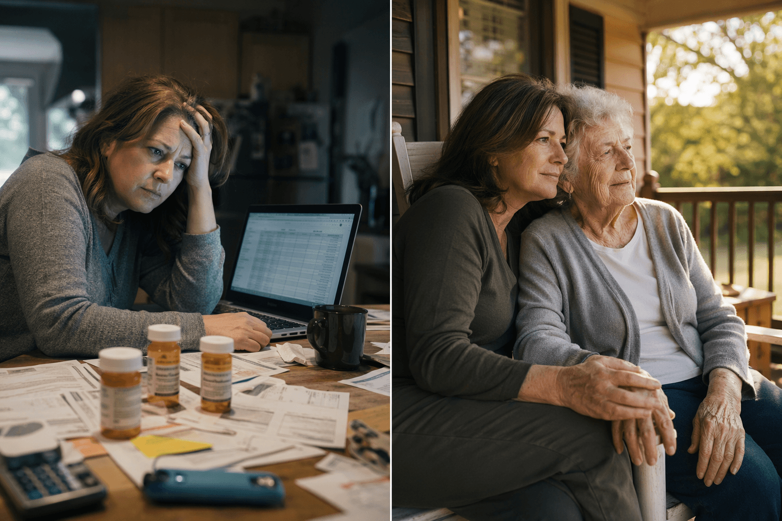 Split-frame photograph showing a middle-aged woman exhausted at a kitchen table on the left, and the same woman gently holding an elderly parent's hand on a sunlit porch on the right.
