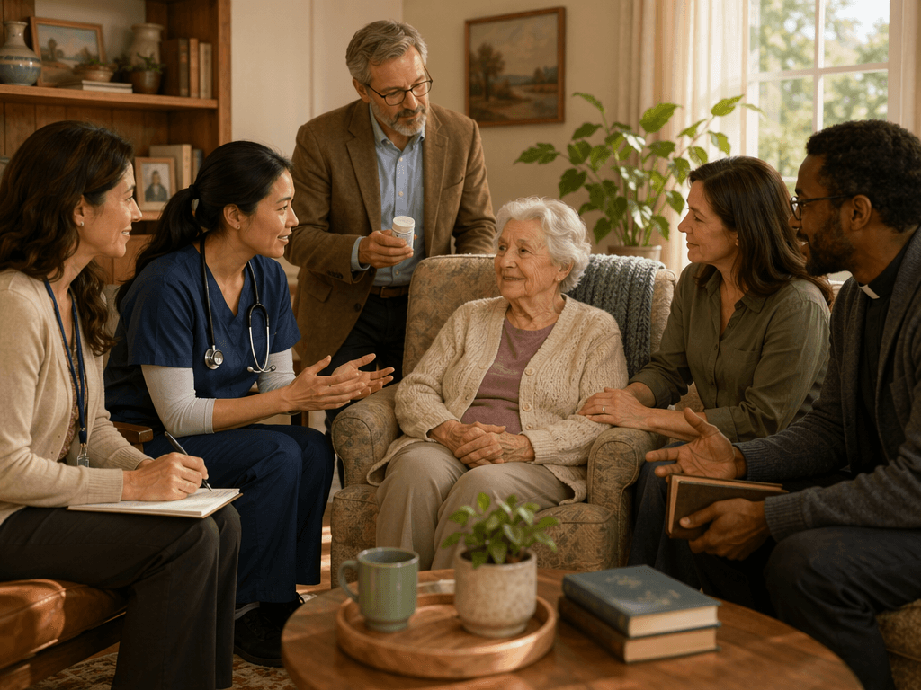 A warm editorial illustration showing an interdisciplinary care team gathered in a semicircle around a senior seated in a comfortable armchair at home. A doctor, social worker, chaplain, and pharmacist stand around the senior, who appears calm with a family member beside them. The room has soft earth tones, a houseplant, and natural light from a window, with no clinical equipment visible.
