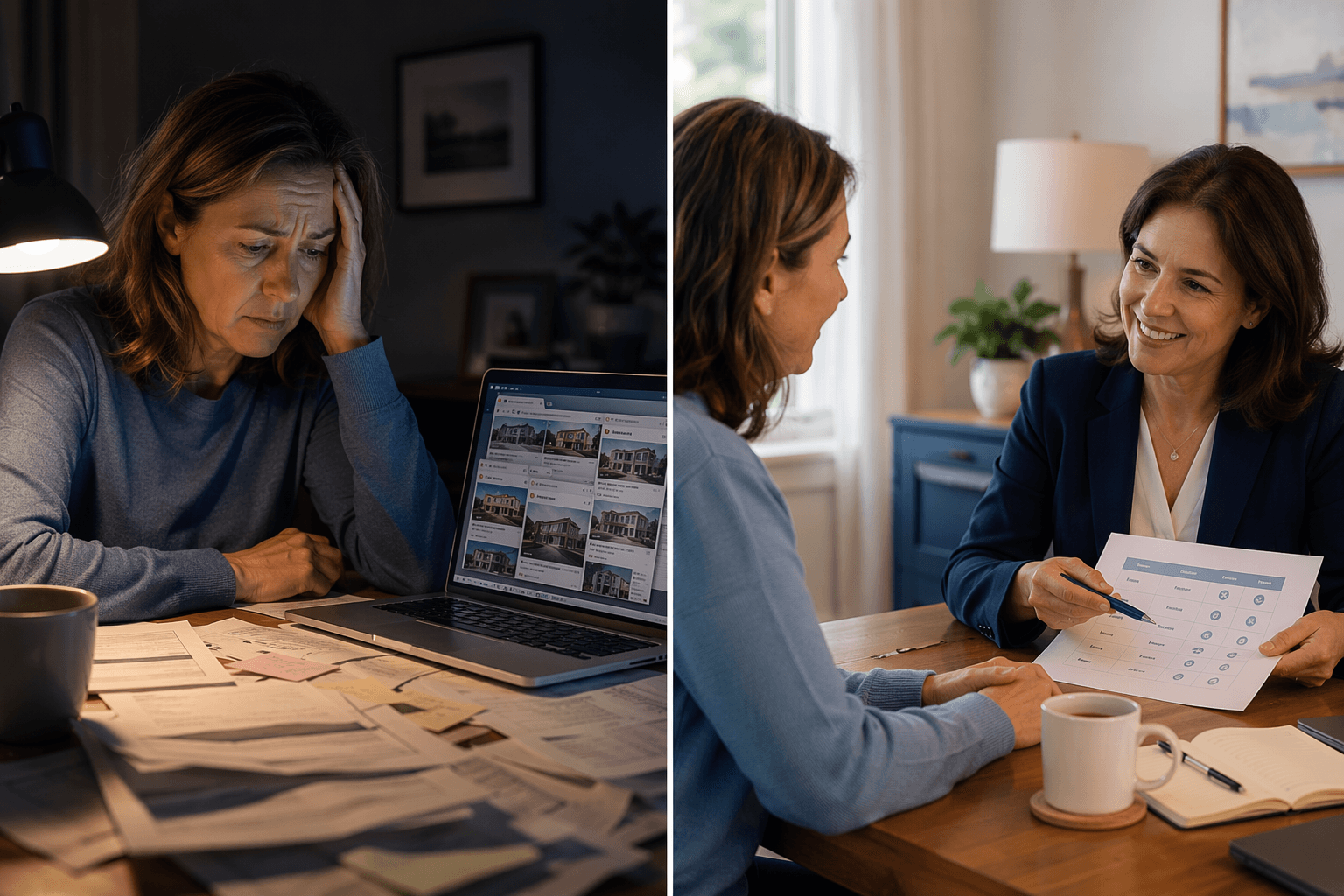 Split-screen composition showing a stressed middle-aged adult alone at a laptop surrounded by papers on the left, contrasted with the same adult sitting calmly across a table from a warm professional senior care advisor pointing to a checklist on the right.