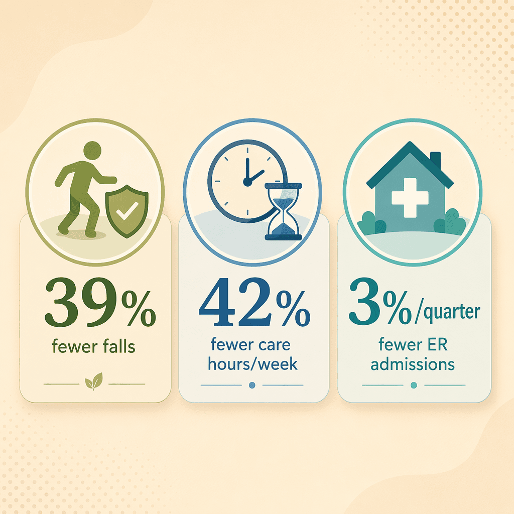 Three evidence callout badges showing 39% fewer falls, 42% fewer care hours per week, and 3% per quarter fewer ER admissions.