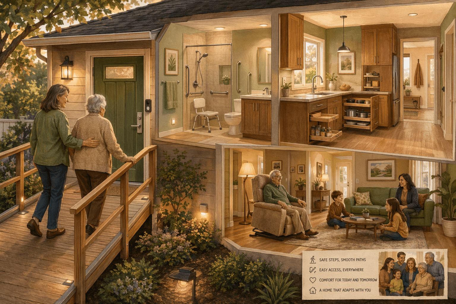An adult child and older parent walking up a wooden ramp with handrail toward a front door with lever handle; through cutaway views, a bathroom with grab bars and shower chair, a kitchen with pull-out shelves, and a living room with clear pathways.