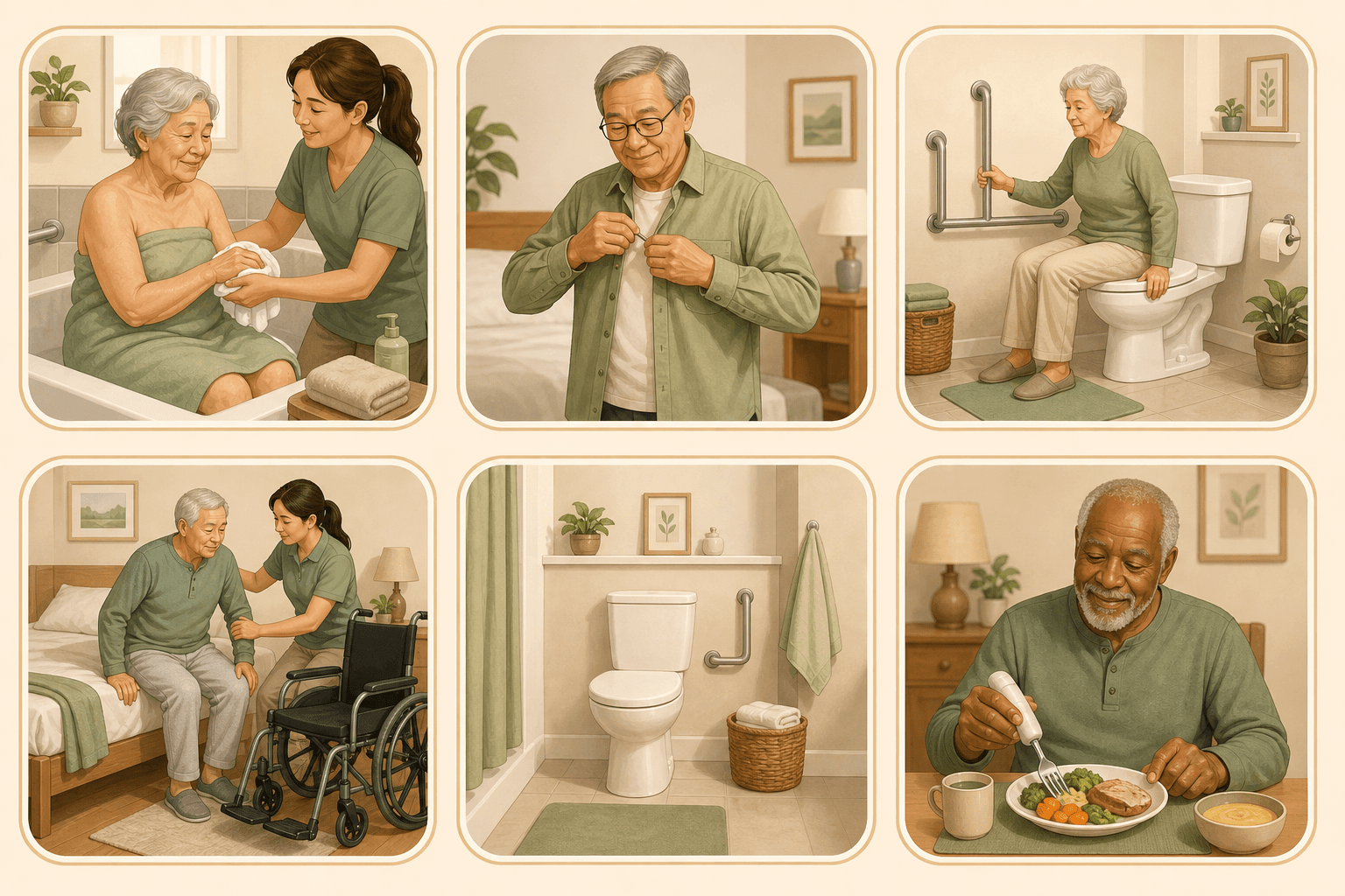 Six vignettes arranged in a two-row grid showing the six Activities of Daily Living: bathing, dressing, toileting, transferring, continence, and feeding. Each vignette features a dignified older adult scene with minimal caregiver assistance, set in soft warm earth tones on a beige background with sage green accents.