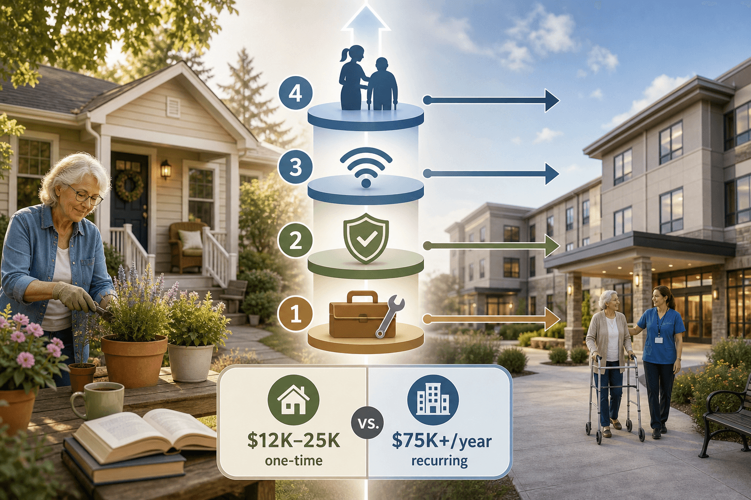 Split-screen illustration comparing a warm home on the left with an assisted living facility on the right, connected by a central path of four stacked intervention layers and a cost comparison inset.