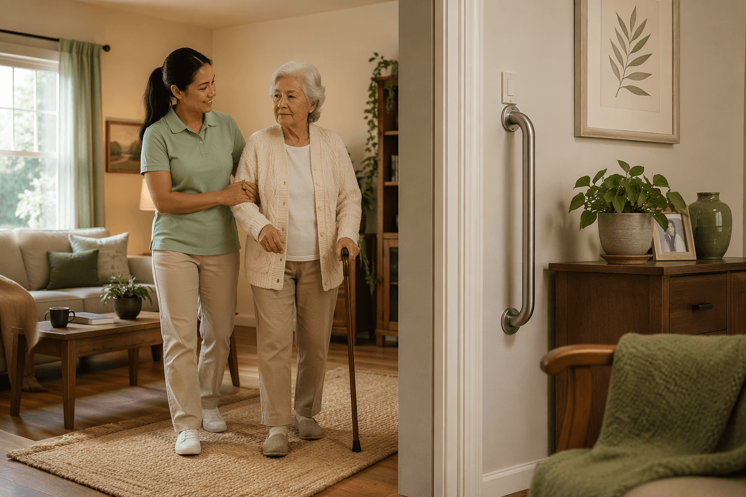 A female caregiver gently supports an elderly woman's arm as they walk through a warm living room with clear pathways, a grab bar near a doorway, and a non-slip rug.