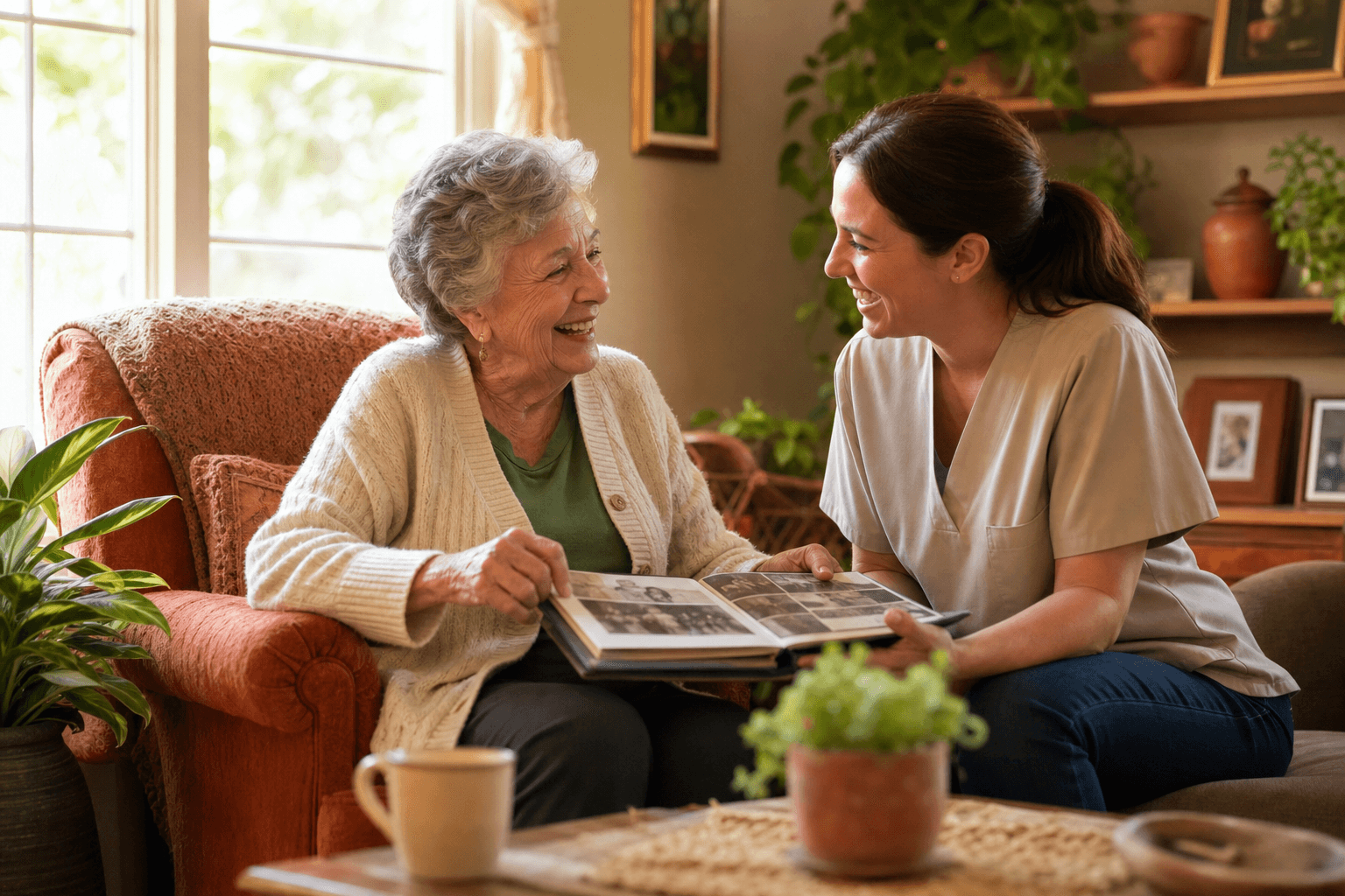 An older adult laughing while looking at a photo album with a friendly professional caregiver in a bright, cozy living room.