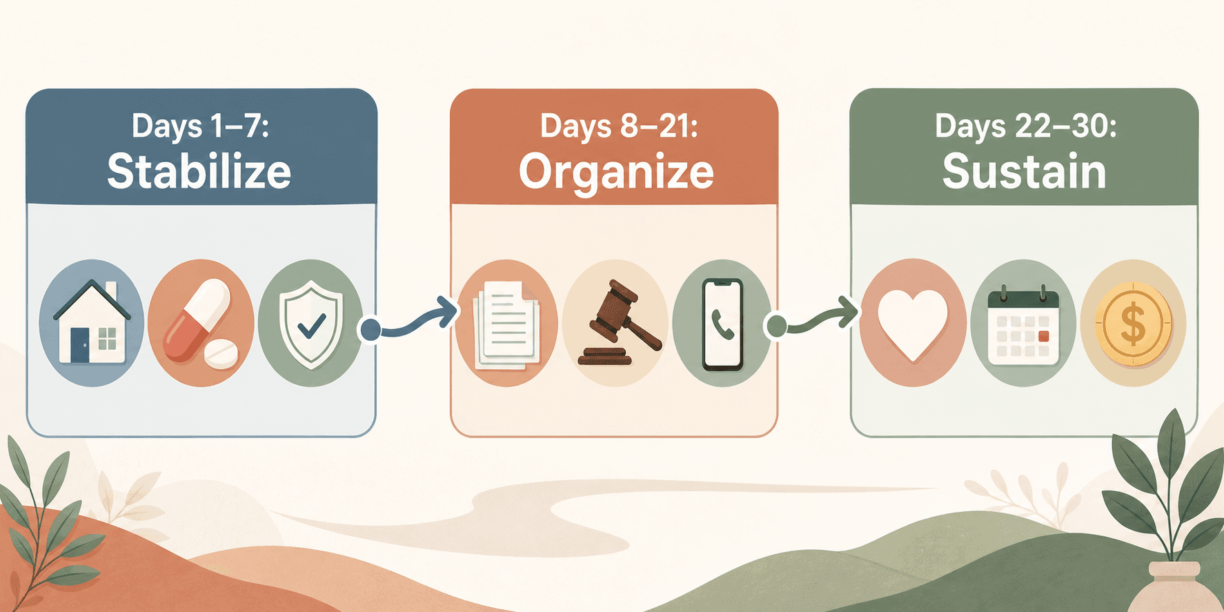 A three-panel horizontal infographic illustrating the 30-day caregiving roadmap: Phase 1 (Days 1–7: Stabilize), Phase 2 (Days 8–21: Organize), Phase 3 (Days 22–30: Sustain), connected by a flowing arrow.