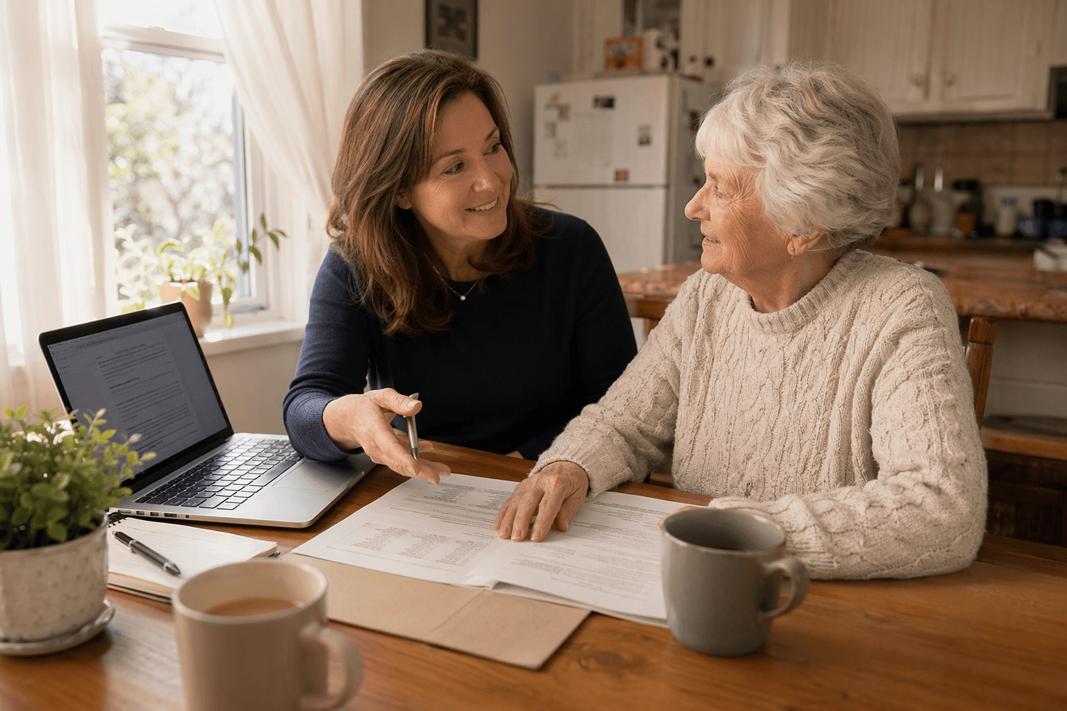 An adult daughter and her elderly mother sit at a sunlit wooden kitchen table with papers, a laptop, and coffee mugs between them, looking at documents together.
