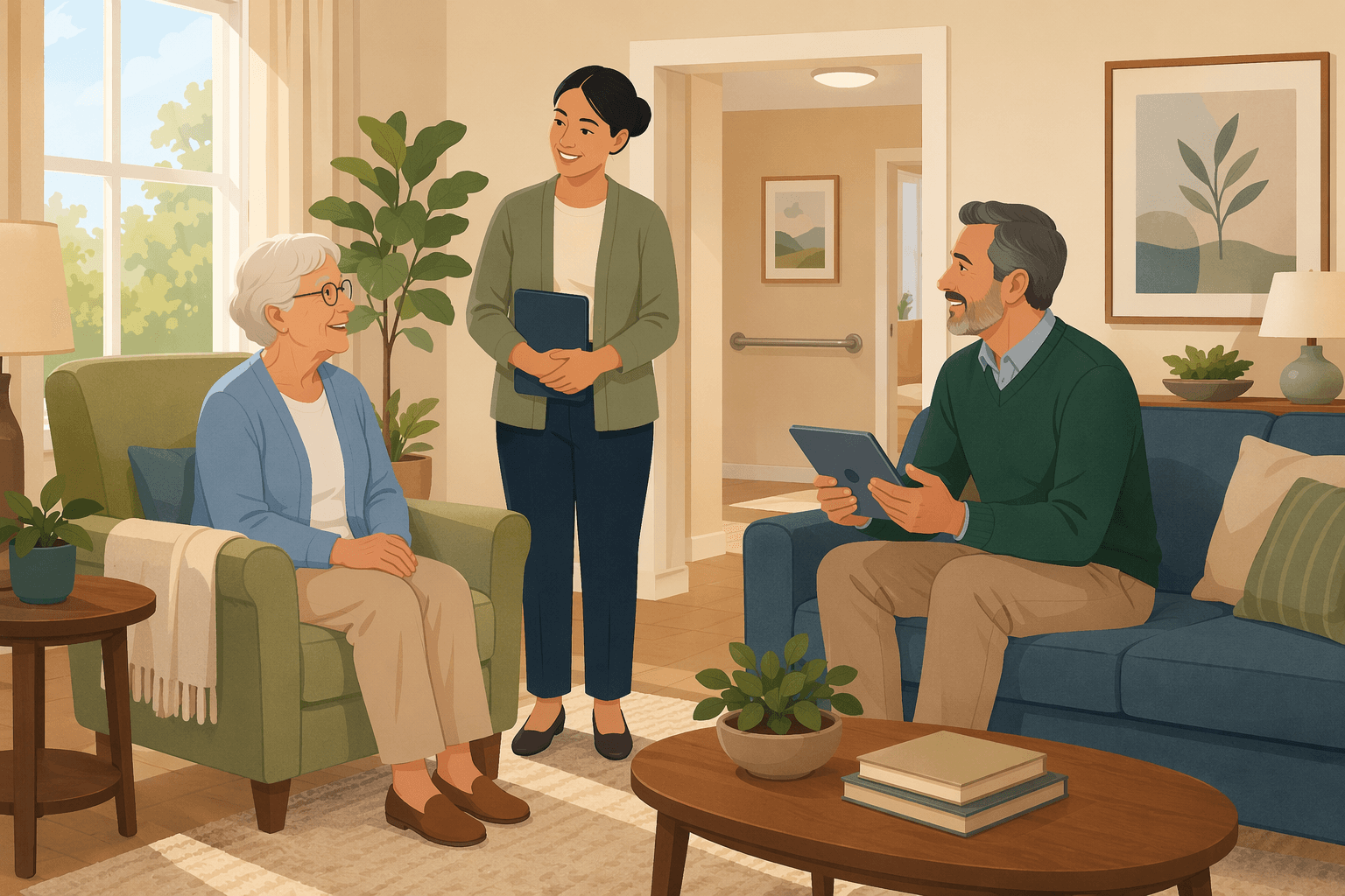 An adult child and elderly parent meet with a professional caregiver in a bright, accessible living room.
