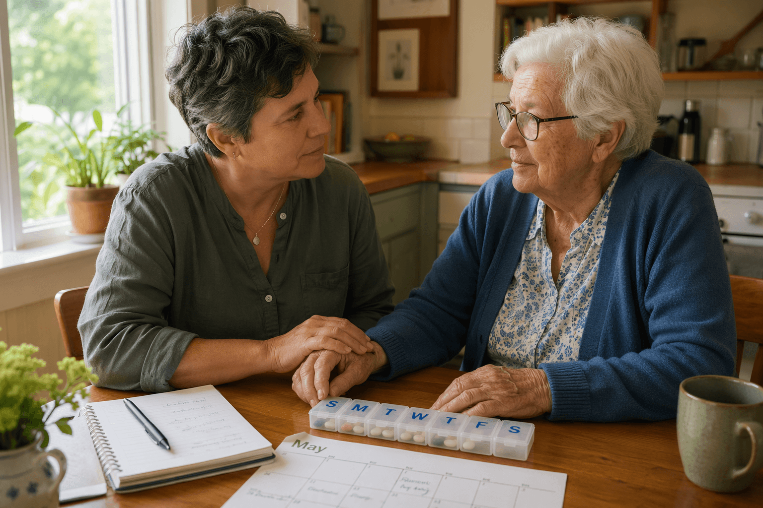 An adult child and their older parent sitting together at a sunlit kitchen table with a medication organizer, calendar, and notebook between them.