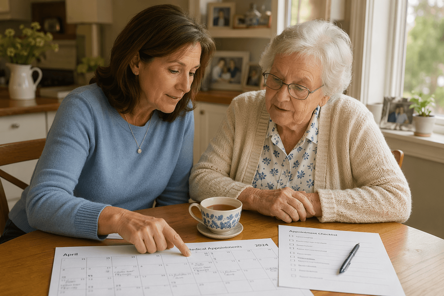An adult daughter in her early 50s sits beside her older mother at a wooden kitchen table, reviewing a medical appointment calendar and a checklist together. A ceramic cup of tea sits between them. Warm natural daylight falls from a window. The mood is attentive, loving, and gently collaborative with warm muted tones.