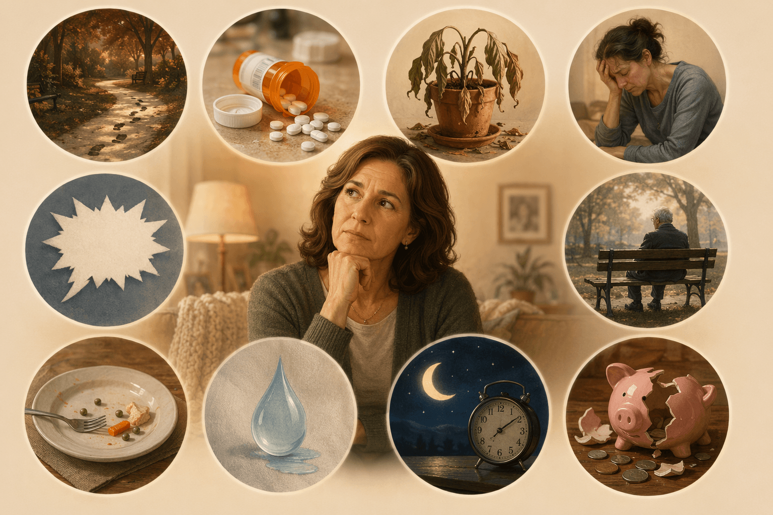 Warm-toned editorial illustration with a family caregiver in the center surrounded by 10 symbolic scenes arranged radially, each representing one of the signs it's time for memory care