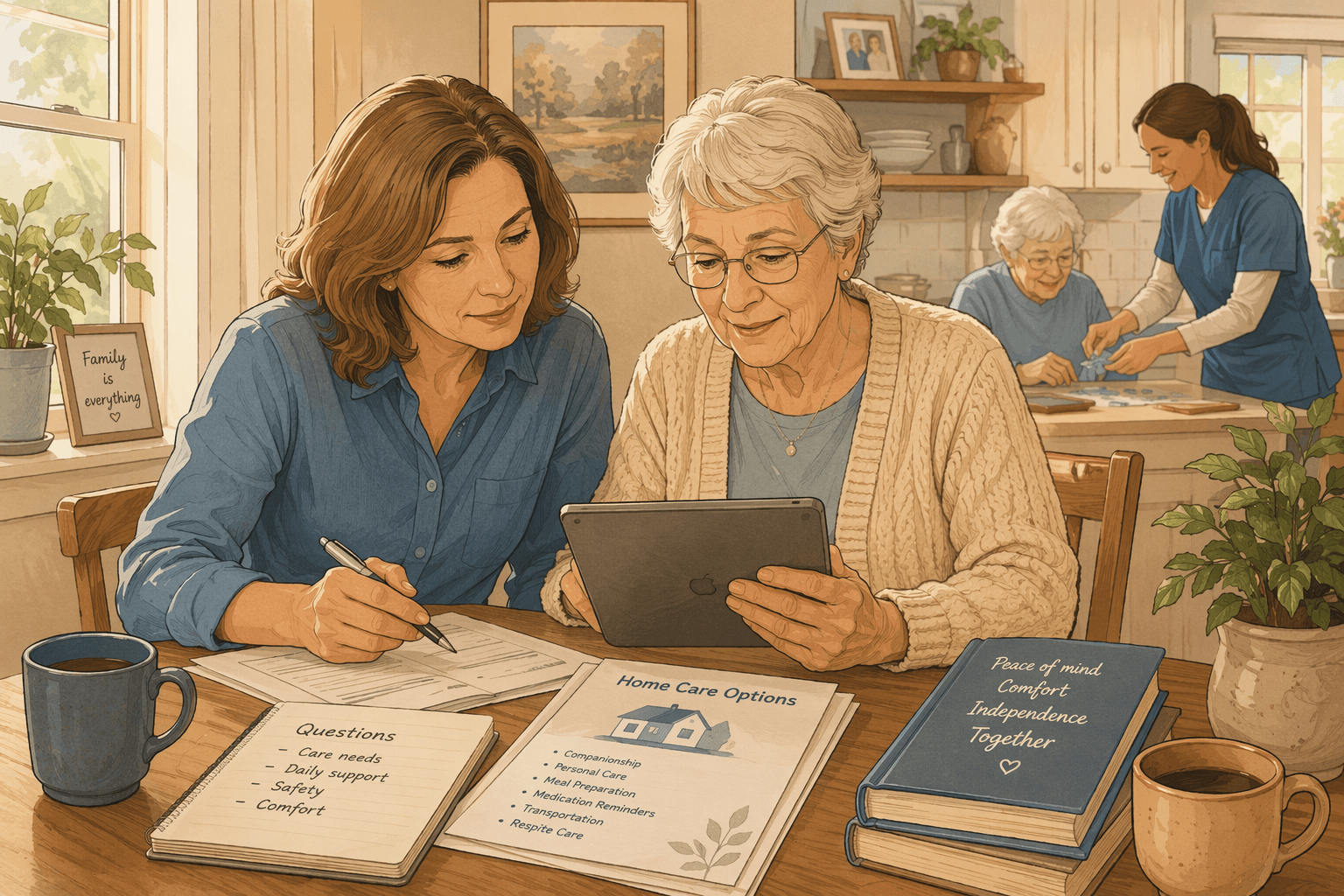 An adult child and their elderly parent sit at a kitchen table reviewing documents on a tablet, with a caregiver visible in the background.