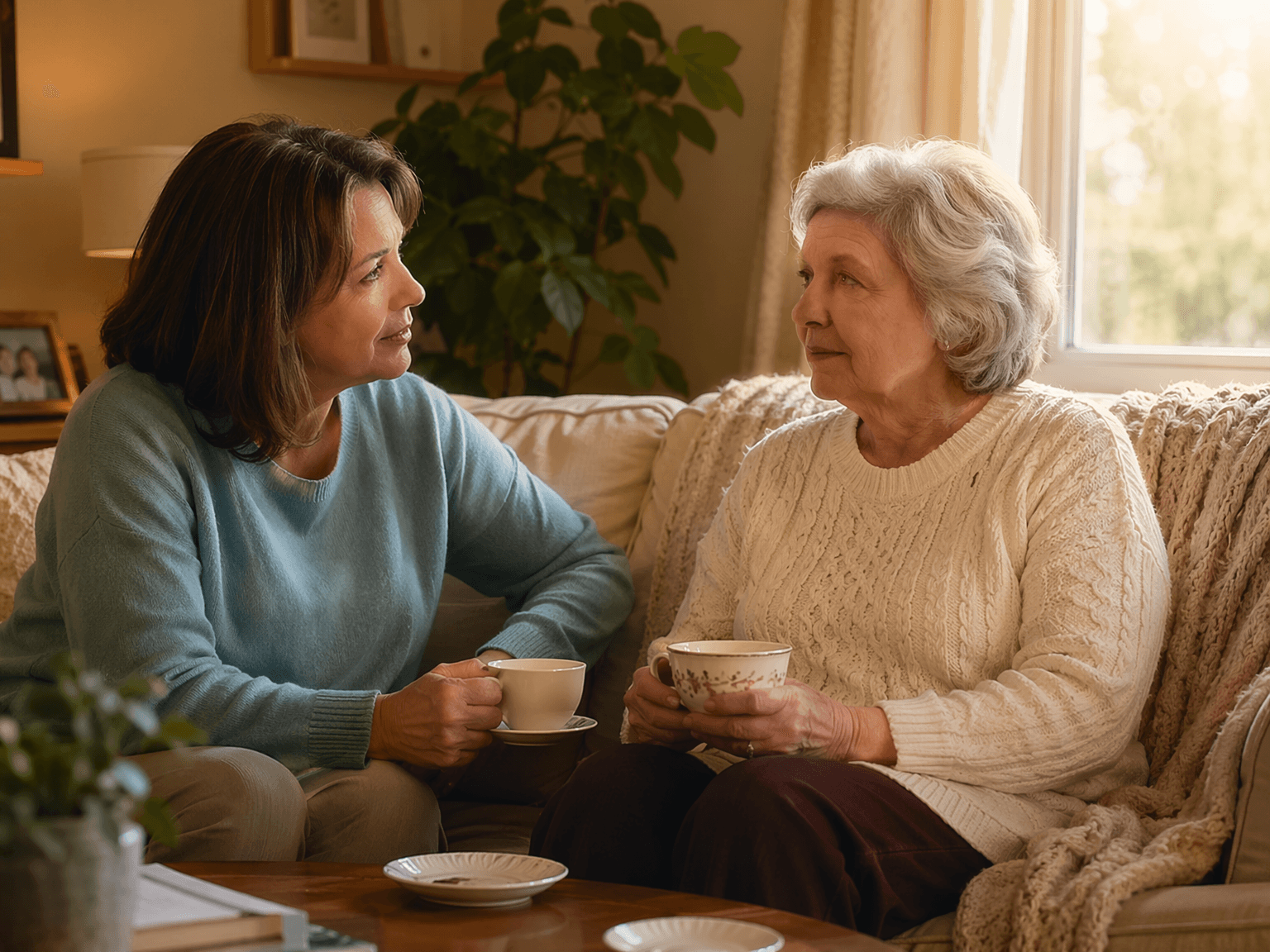 An adult daughter in her late 40s sits beside her aging mother on a cozy living room couch, both holding cups of tea. The atmosphere is calm, respectful, and loving.