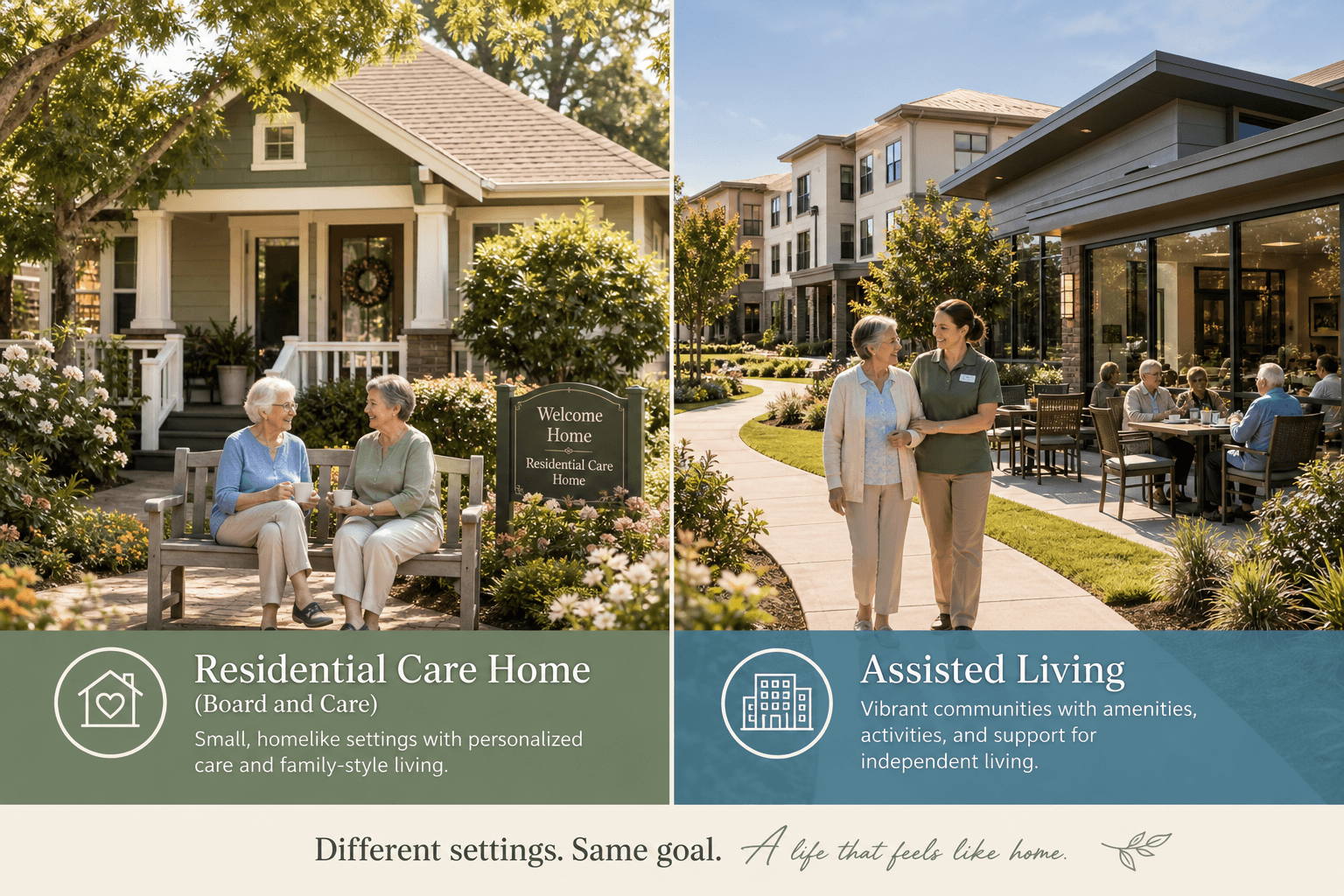 Split-scene illustration of a small residential care home on the left and a modern assisted living campus on the right.