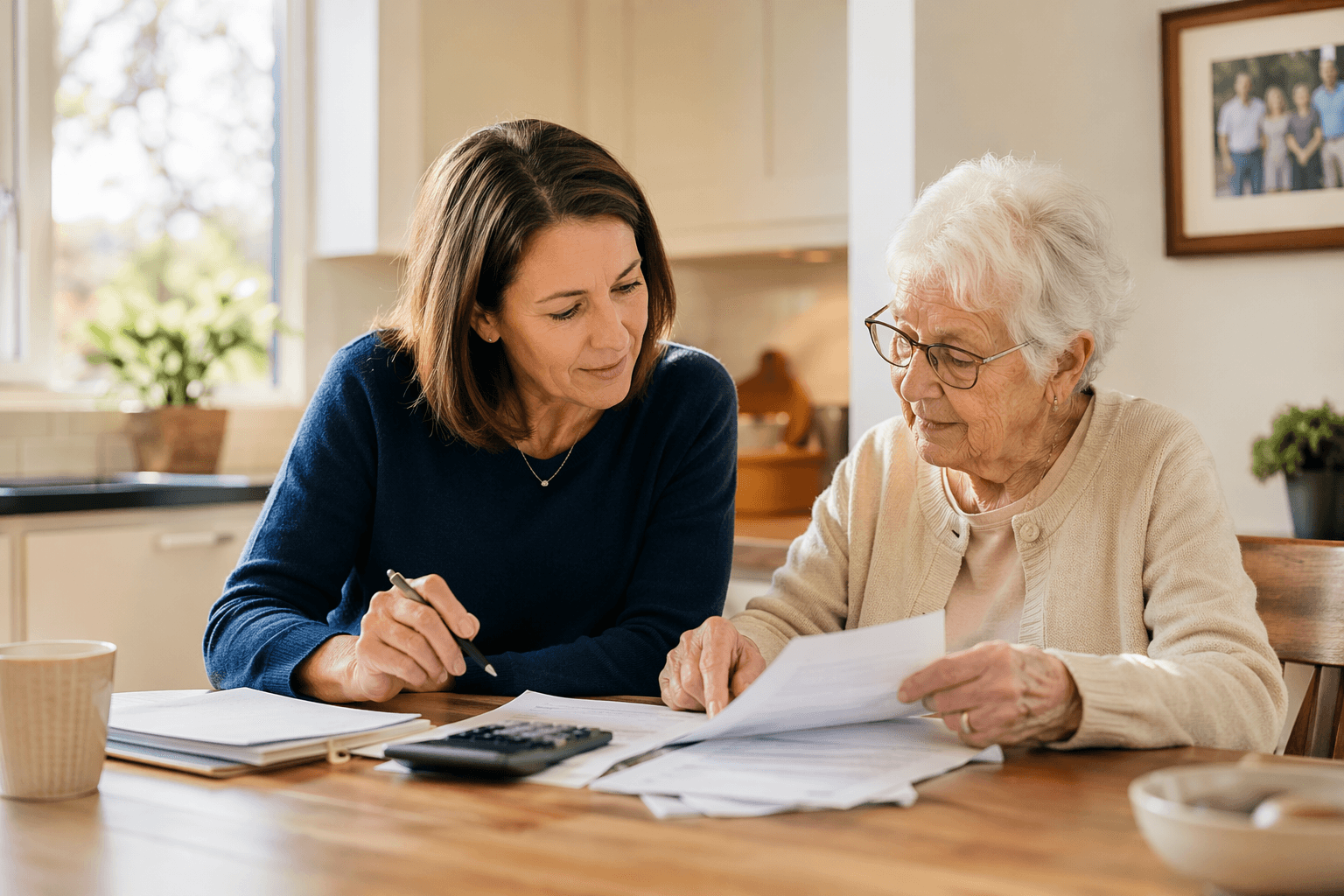 Adult child and elderly parent reviewing care papers and a calculator at a kitchen table