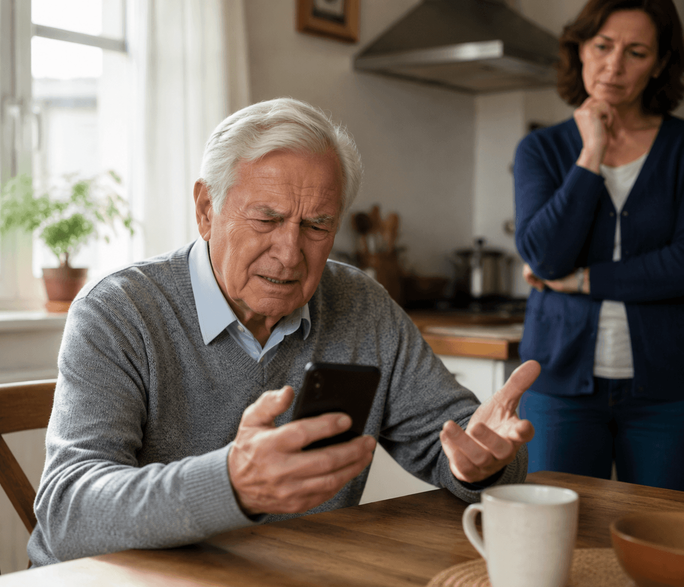 Older man looking frustrated at a smartphone while an adult daughter watches without taking over